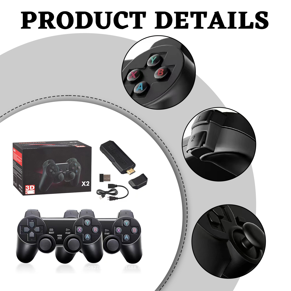 Produktdetails: Gamecontroller, Box und Zubehör. Nahaufnahmen zeigen Knöpfe und Funktionen. Schwarze Farbe dominiert die Szene.