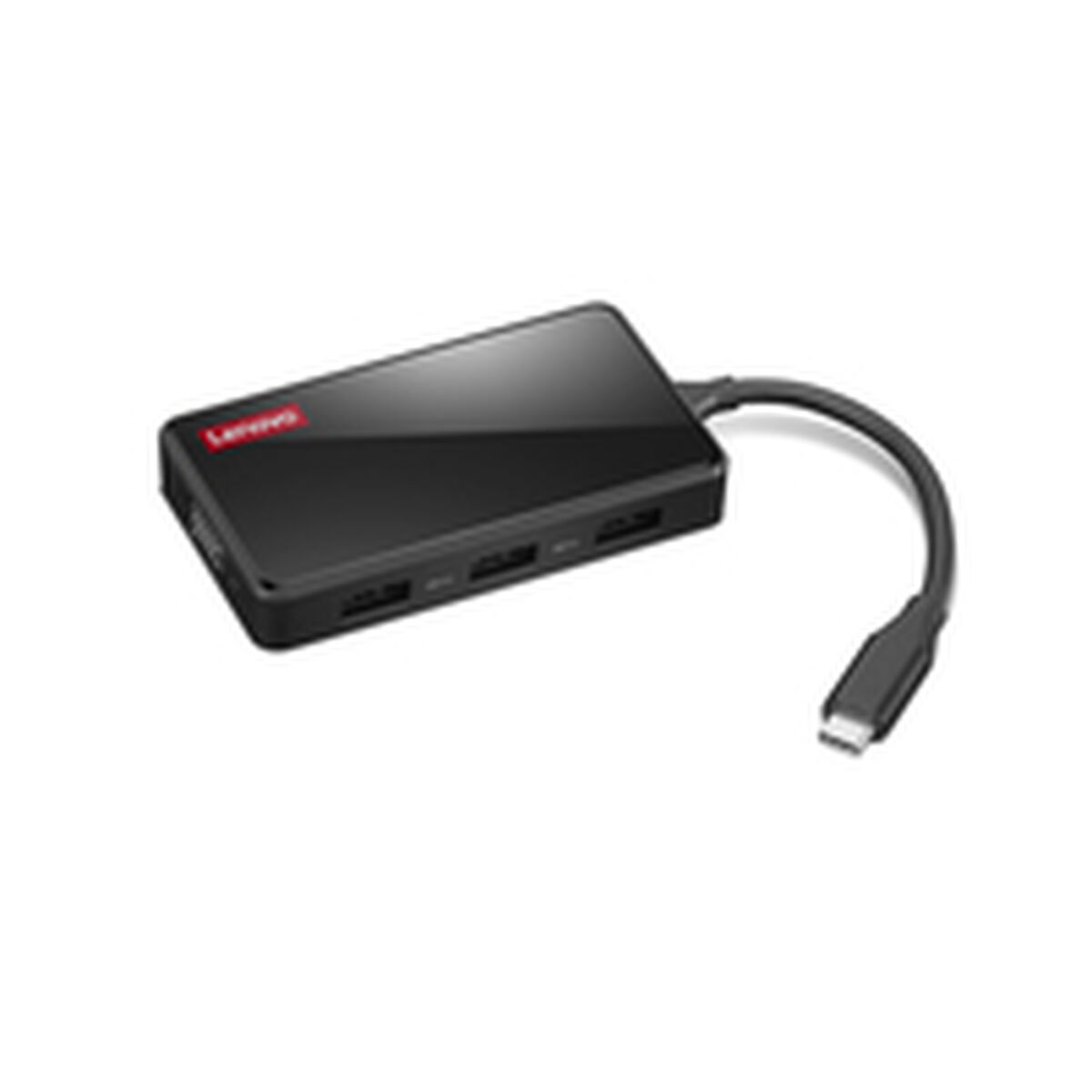 Ein schwarzer Lenovo USB-Hub mit gebogenem Kabel und USB-C-Anschluss. Oben befindet sich das Lenovo-Logo in Rot.