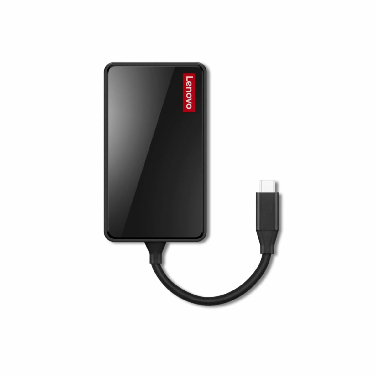 Schwarze externe Lenovo-Festplatte mit USB-C-Kabel. Das Lenovo-Logo ist rot. Der Hintergrund ist weiß.