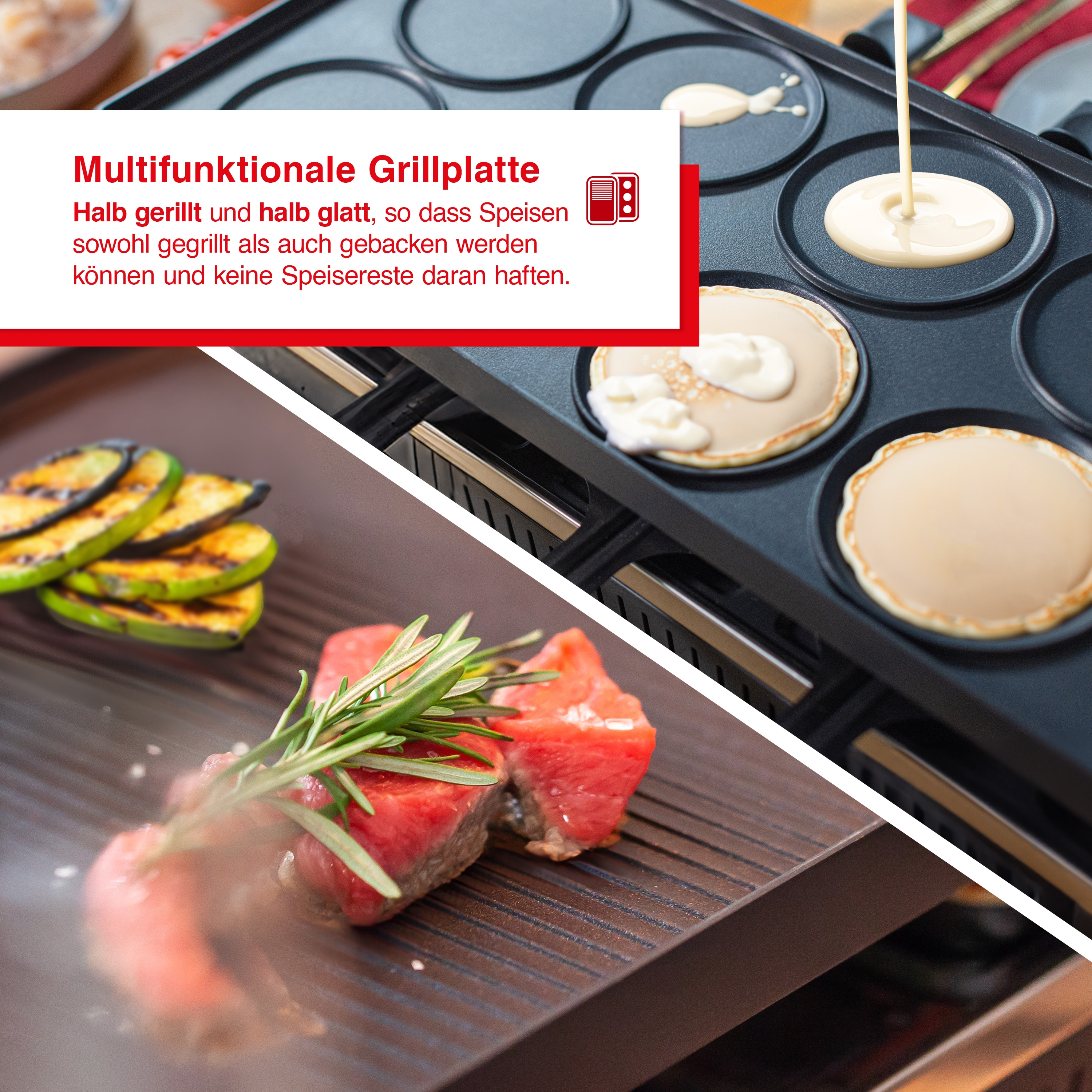 Ein geteilter Grill mit Pfannkuchen, die zubereitet werden, sowie gegrilltem Steak und Gemüse. Der Grill hat deutschen Text.