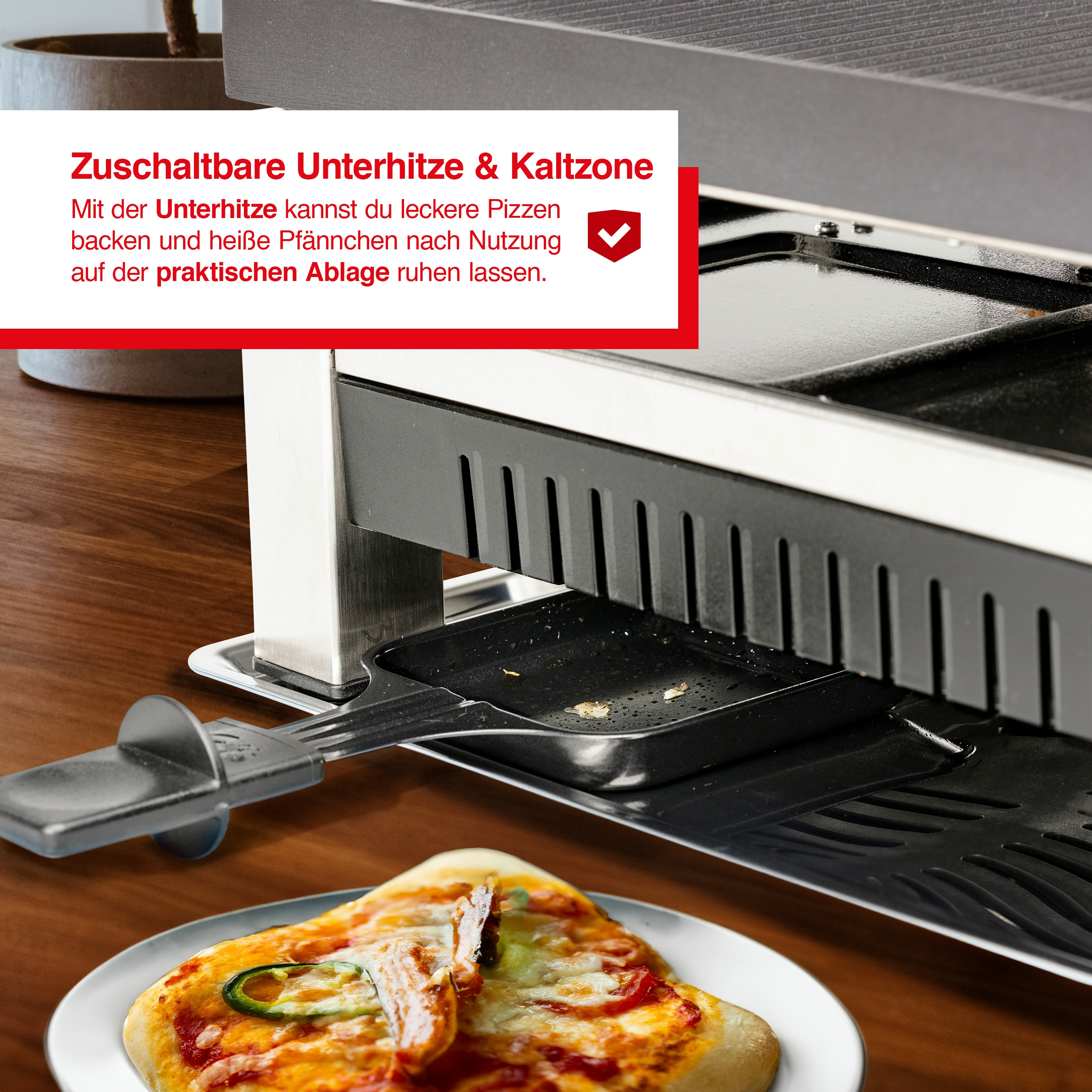 Eine Pizzascheibe auf einem Teller, ein Raclette-Grill mit einer Pfanne und ein Text über Unterhitze und Kaltzone.