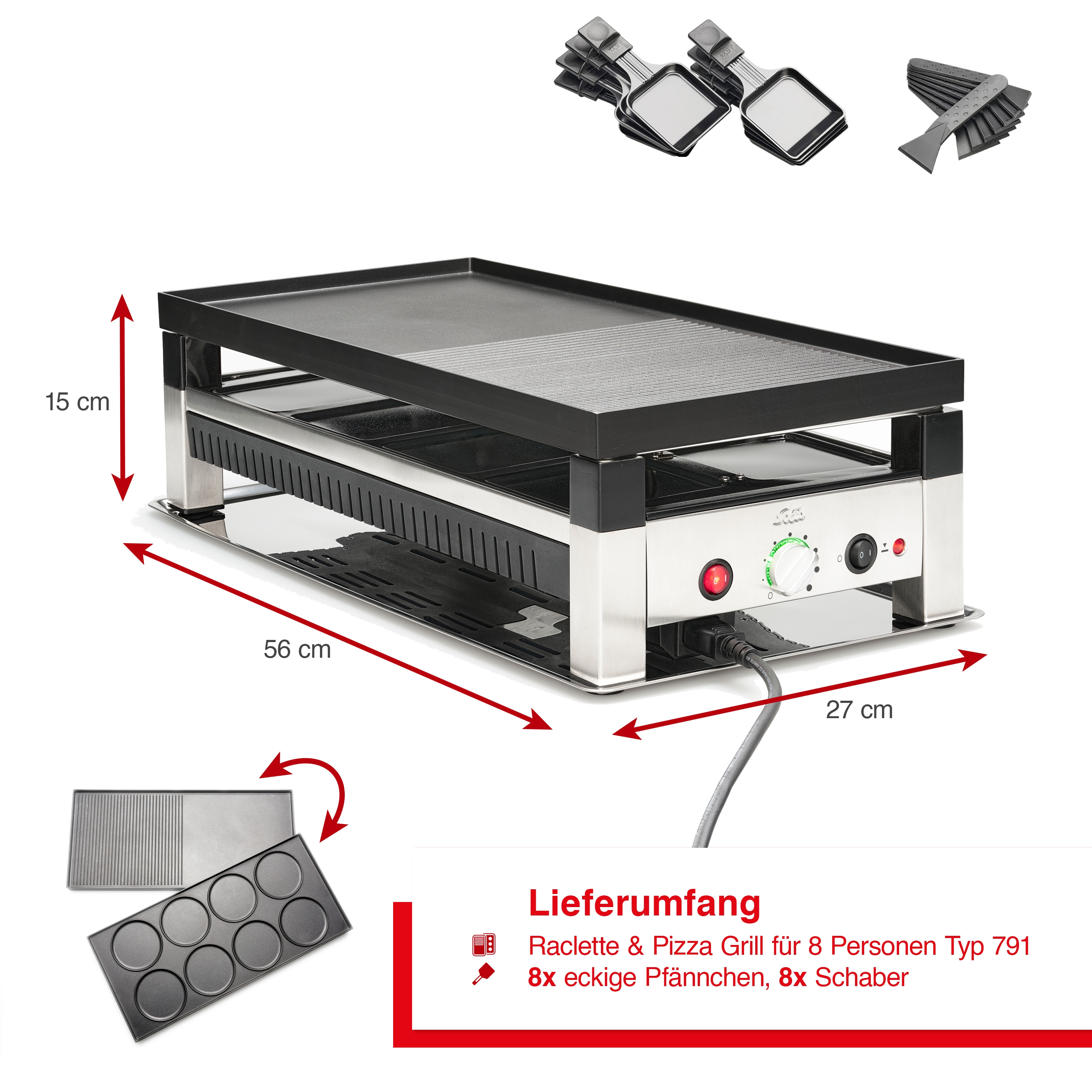 Raclette-Grill mit Zubehör. Enthält Grillfläche, kleine Pfannen und Spatel. Abmessungen sind markiert.
