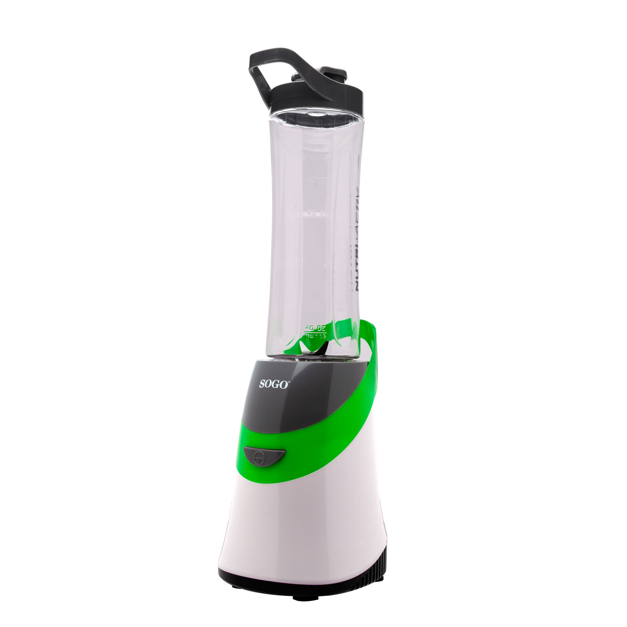 Un frullatore Sogo bianco e verde con una tazza di plastica trasparente e manico nero. Sfondo bianco.