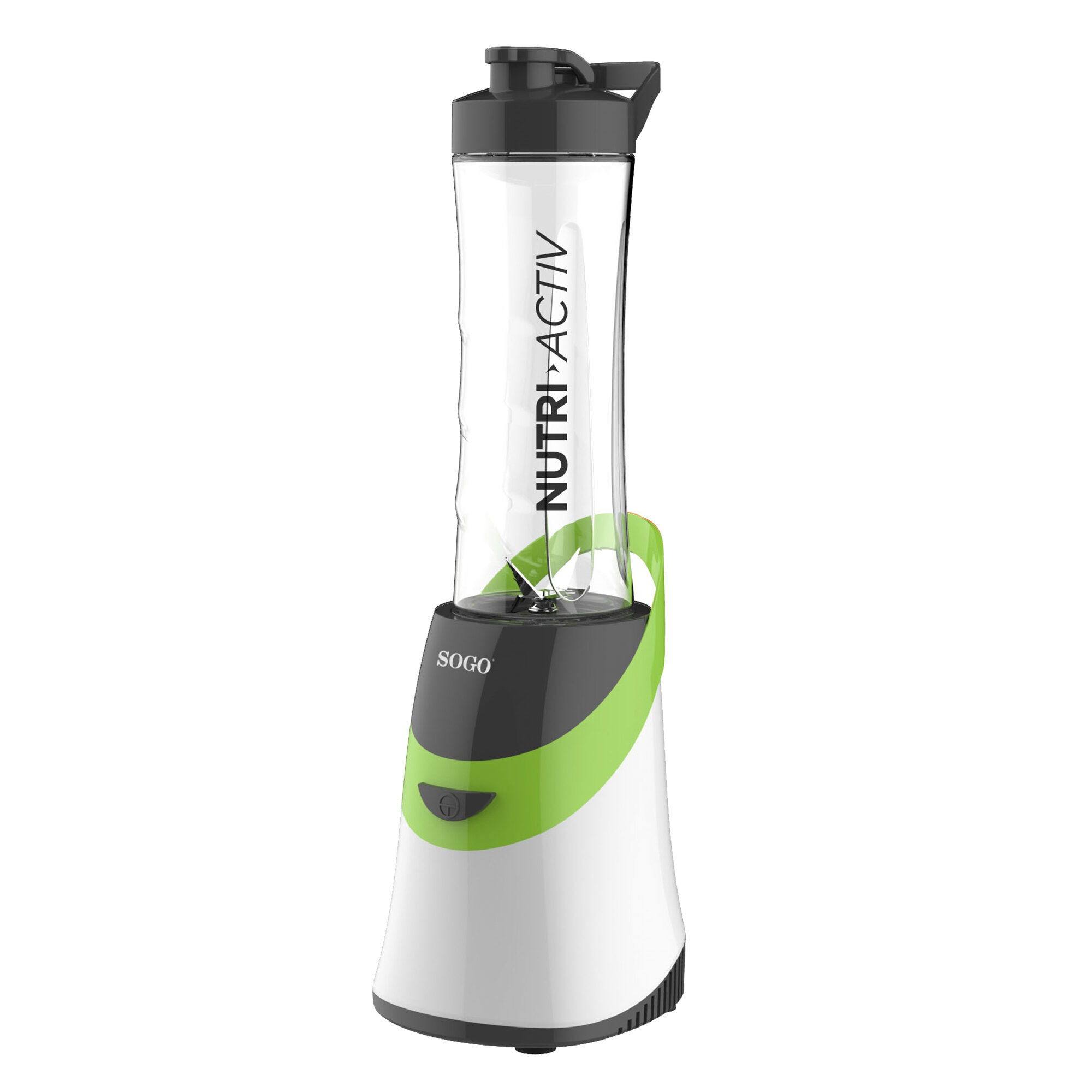 Un frullatore SOGO Nutri Activ bianco, nero e verde con un contenitore trasparente e un coperchio nero.