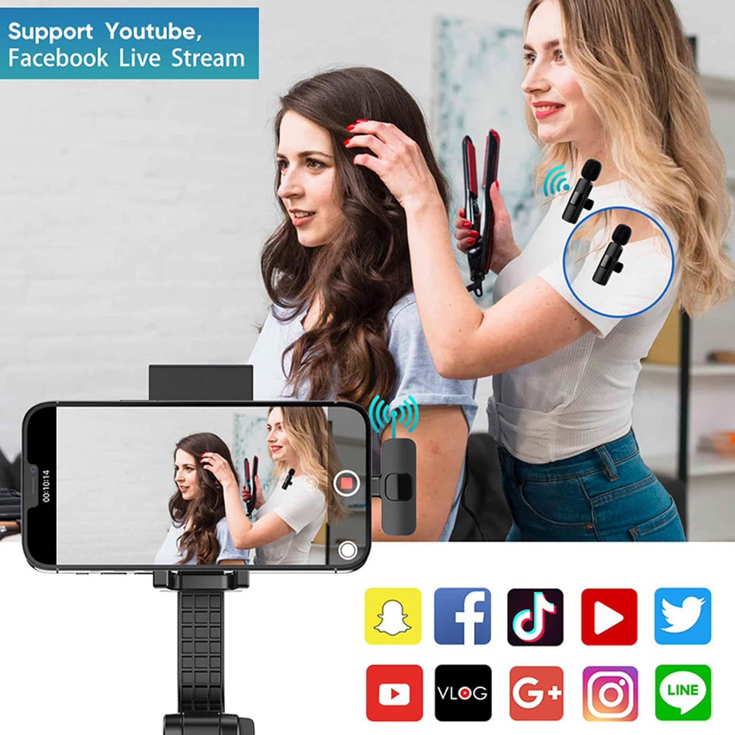 Zwei Frauen mit Mikrofonen und Haarglätter, die auf einem Telefon aufgenommen werden. Social-Media-Logos sind unten.