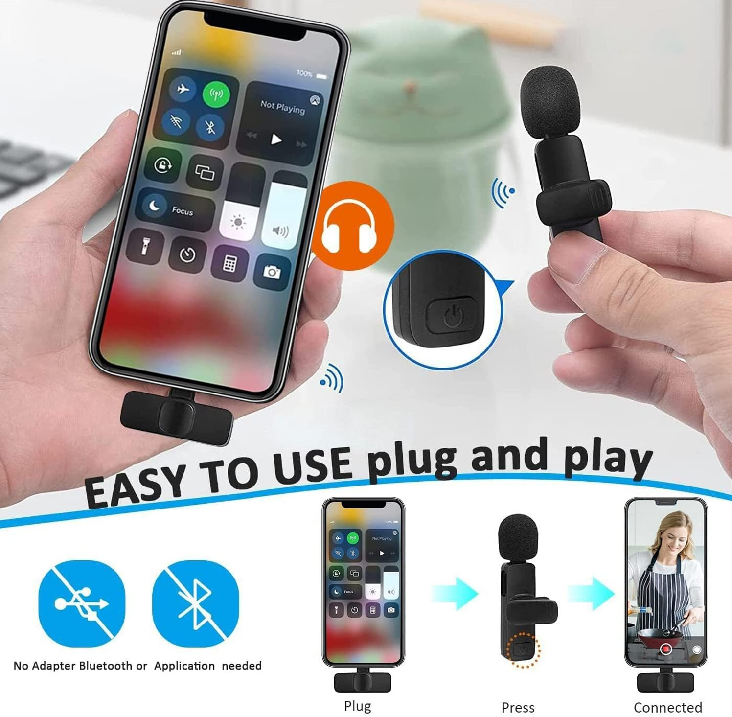 Ein Telefon, Mikrofon und Anweisungen zur einfachen Verwendung. Bluetooth- und App-freie Verbindung. Stecken, drücken und verbinden.