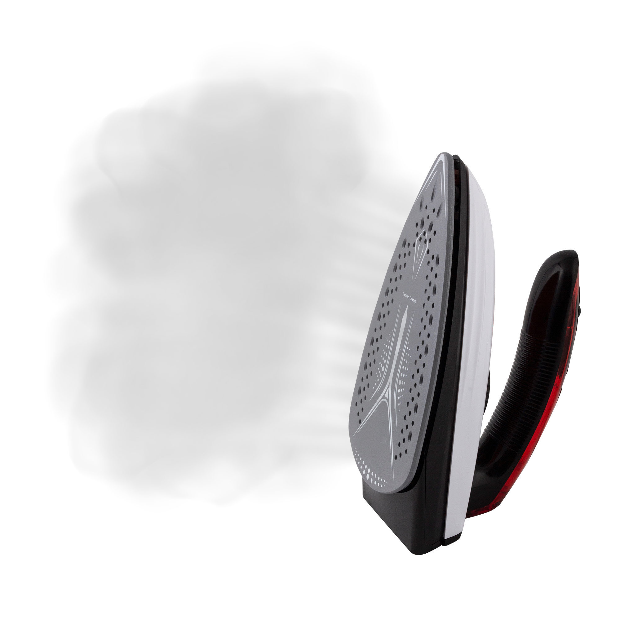 Una plancha que emite vapor. La plancha es gris, negra y roja, con fondo blanco y una nube de vapor a la izquierda.