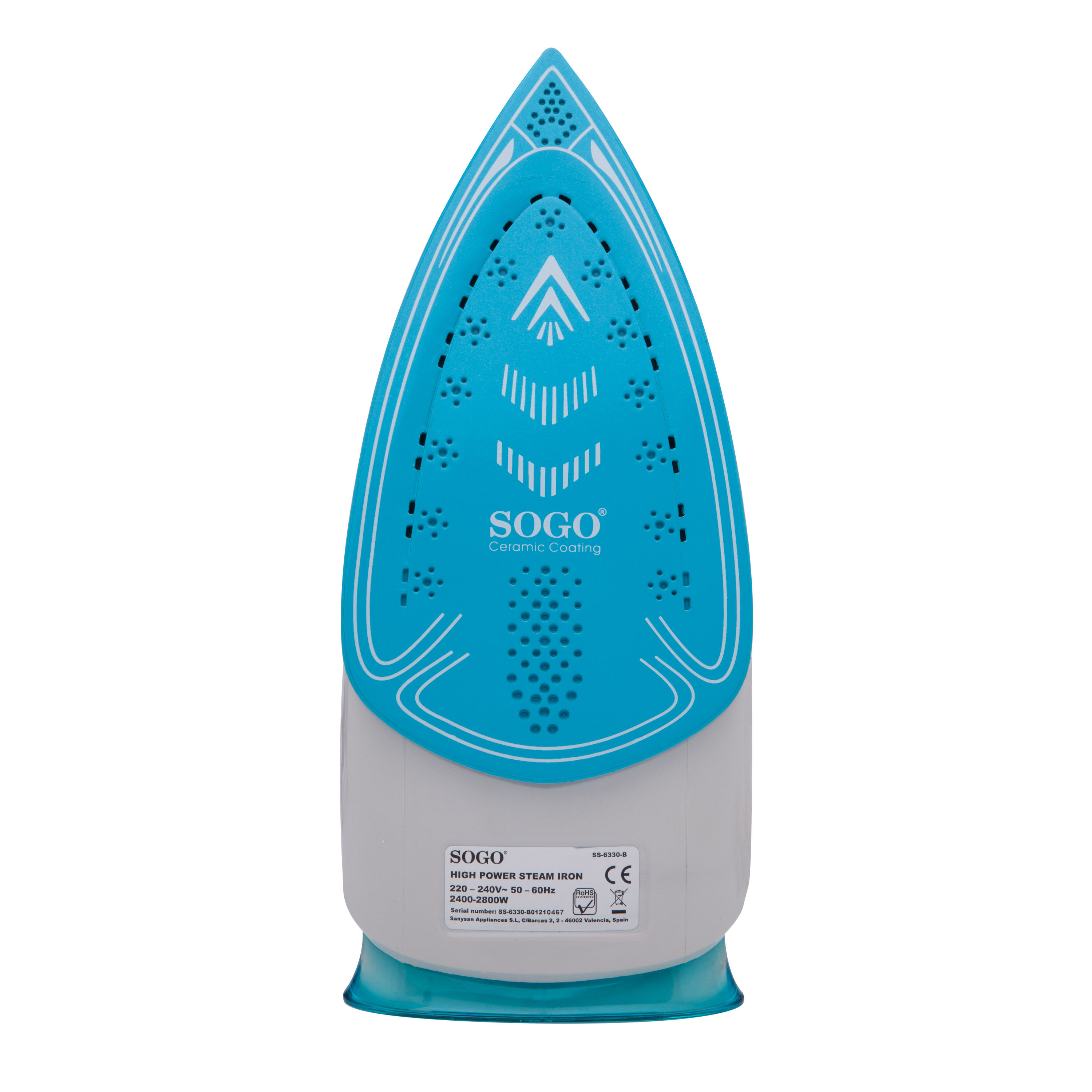 Una plancha de vapor SOGO azul y blanca. La suela tiene muchos agujeros. La base es blanca y tiene la marca.