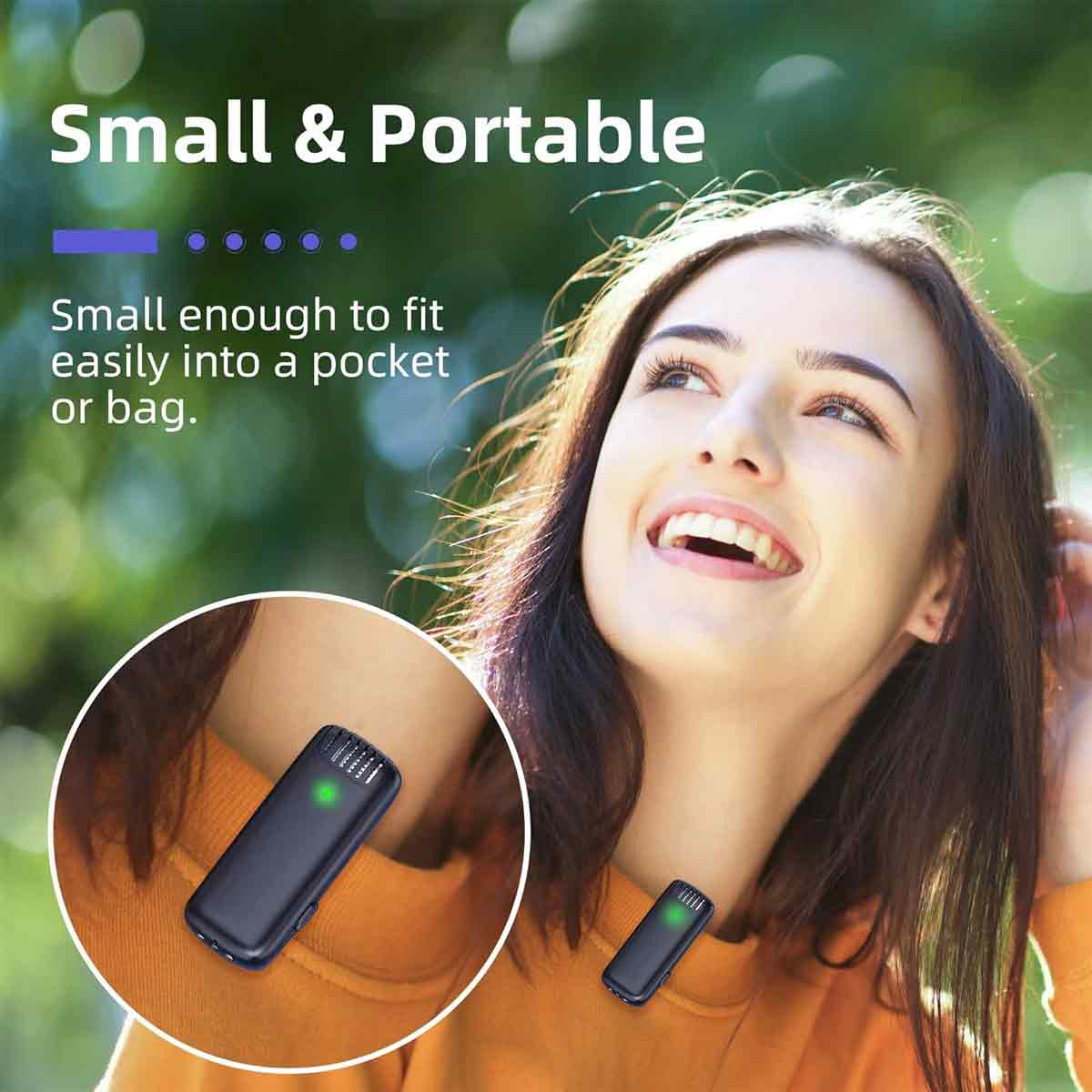 Lächelnde Frau mit einem kleinen Gerät an ihrem Hemd. Der Text lautet 'Small & Portable' und 'Small enough to fit easily'.