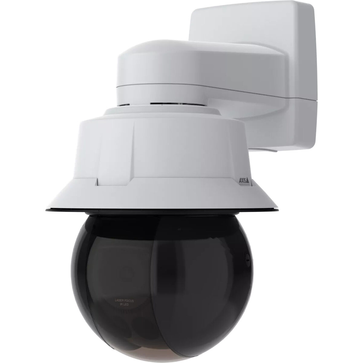 Telecamera di sicurezza bianca montata su una base bianca. La telecamera ha una cupola nera e 'Laser Focus IR LED'.