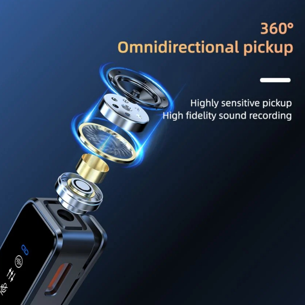 Explodierte Ansicht eines Mikrofons. Zeigt interne Komponenten, hervorgehoben für 360° omnidirektionale Aufnahme und High-Fidelity-Klangaufnahme.