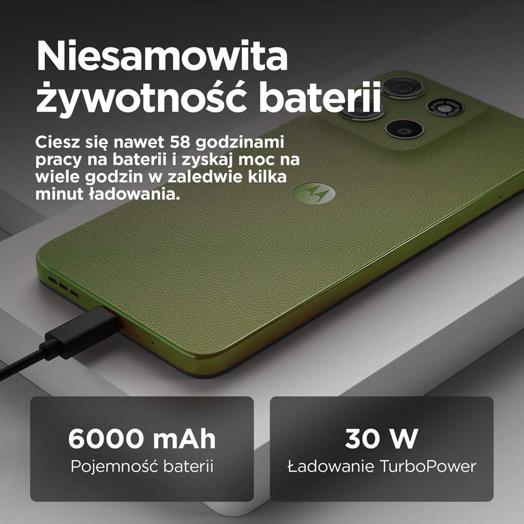 Een groene telefoon is aangesloten. Tekst zegt 'verbazingwekkende batterijduur'. 6000 mAh batterij en 30W TurboPower opladen worden uitgelicht.