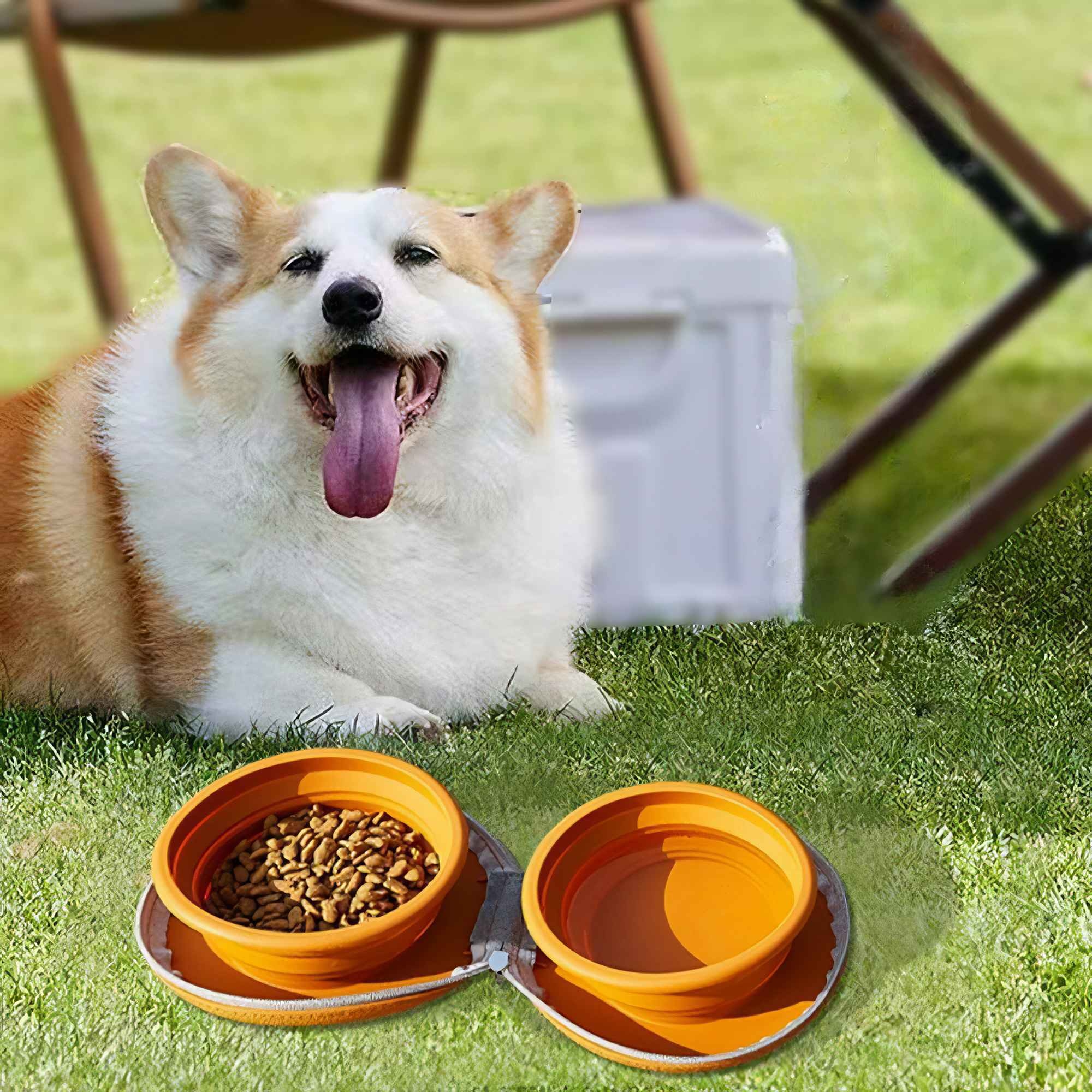 Corgi-Hund mit offenem Mund, neben orangefarbenen Futternäpfen auf Gras. Hintergrund hat Kühler, Stuhl und Gras.
