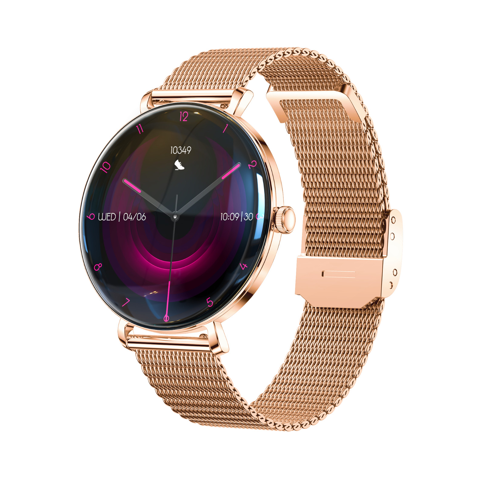 Złoty smartwatch z siatkowym paskiem, wyświetlający godzinę i datę. Tarcza ma różowe i czarne detale. Godzina to 10:09.