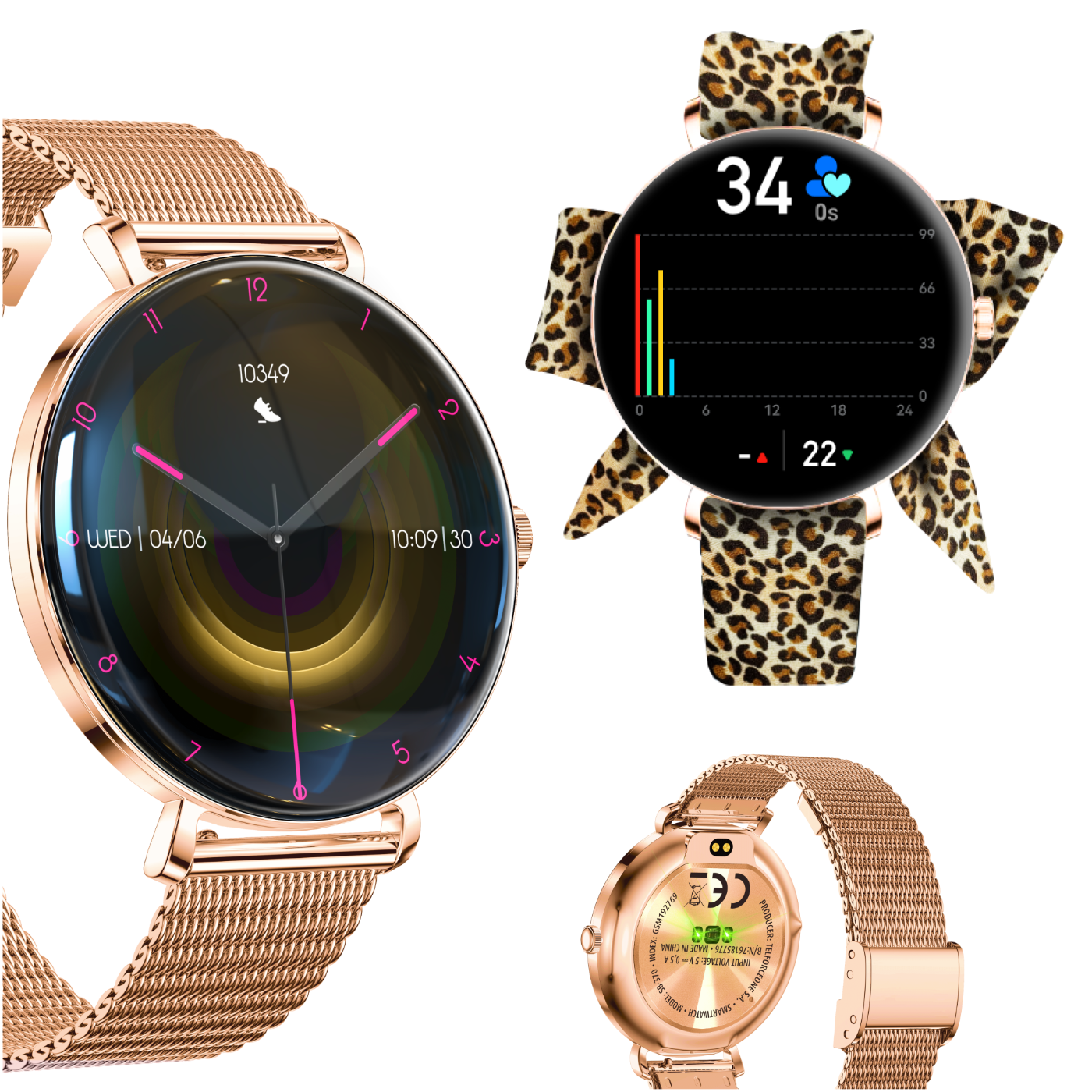 Smartwatch w kolorze różowego złota z siatkowym paskiem. Tarcza wyświetla godzinę, datę i wskaźniki zdrowia. Druga tarcza ma wzór lamparta.