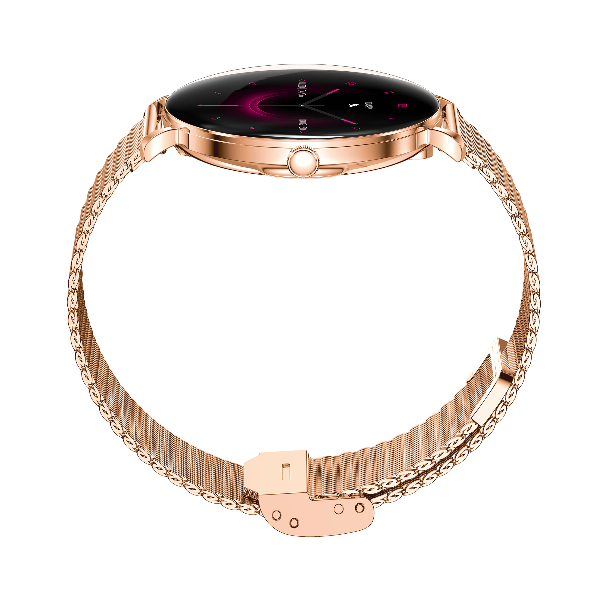 Zegarek smartwatch w kolorze różowego złota na białym tle. Tarcza jest ciemna z różowymi detalami. Pasek jest siateczkowy.