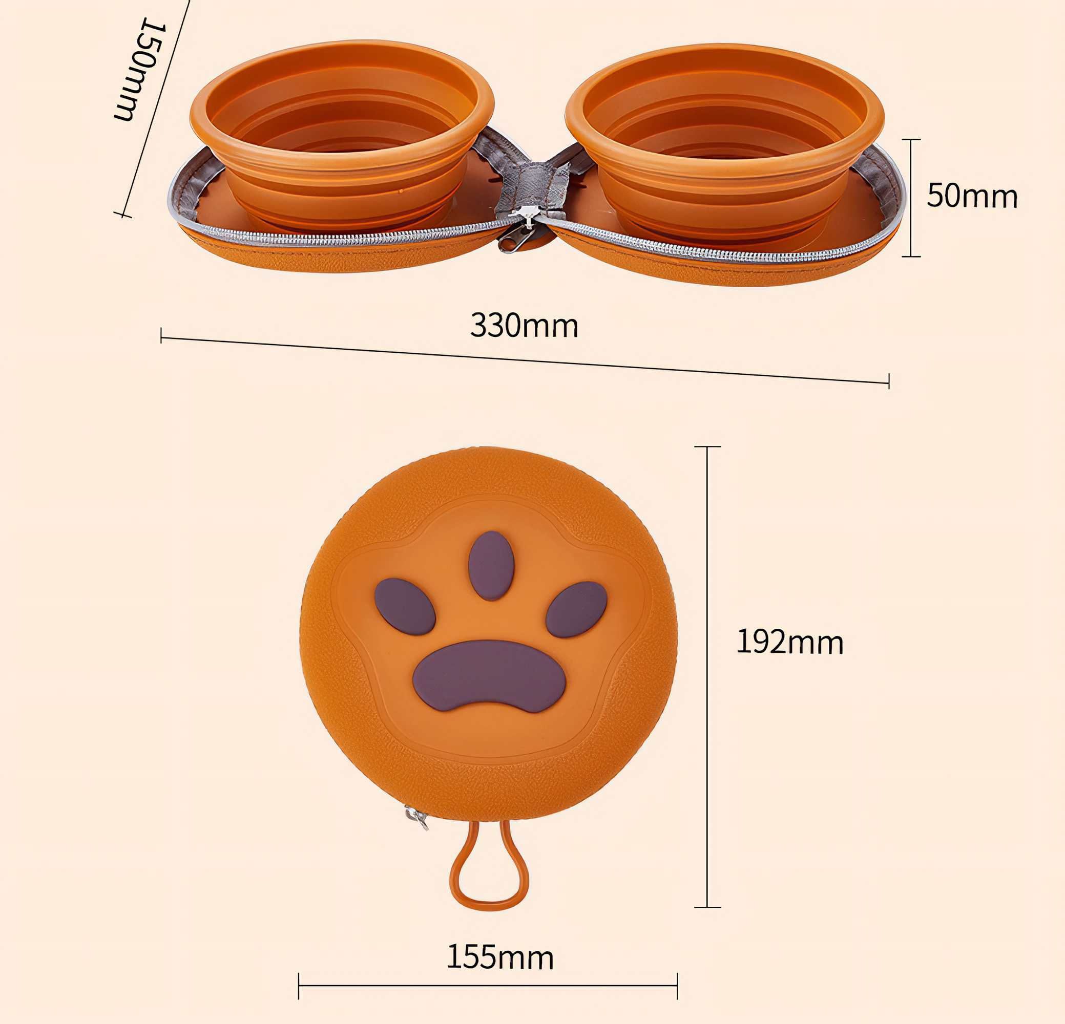 Orangenes, zusammenklappbares Haustiernapf-Set mit Pfotenabdruck-Design. Abmessungen sind angegeben. Reißverschlusstasche.