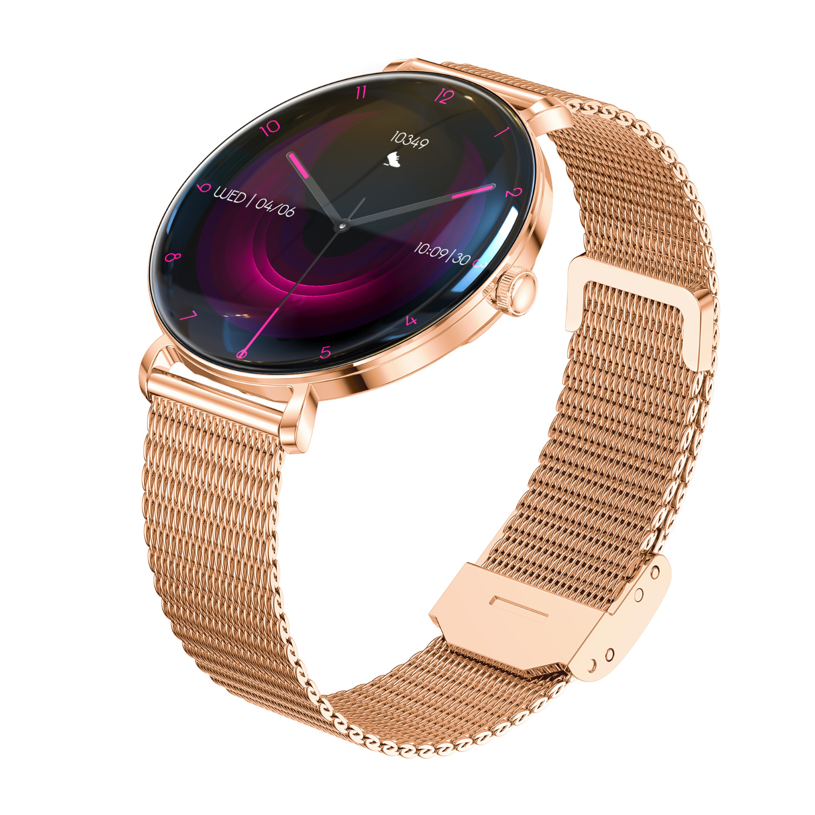 Zegarek smart w kolorze różowego złota z siateczkowym paskiem. Ekran wyświetla godzinę i datę. Tło jest białe.