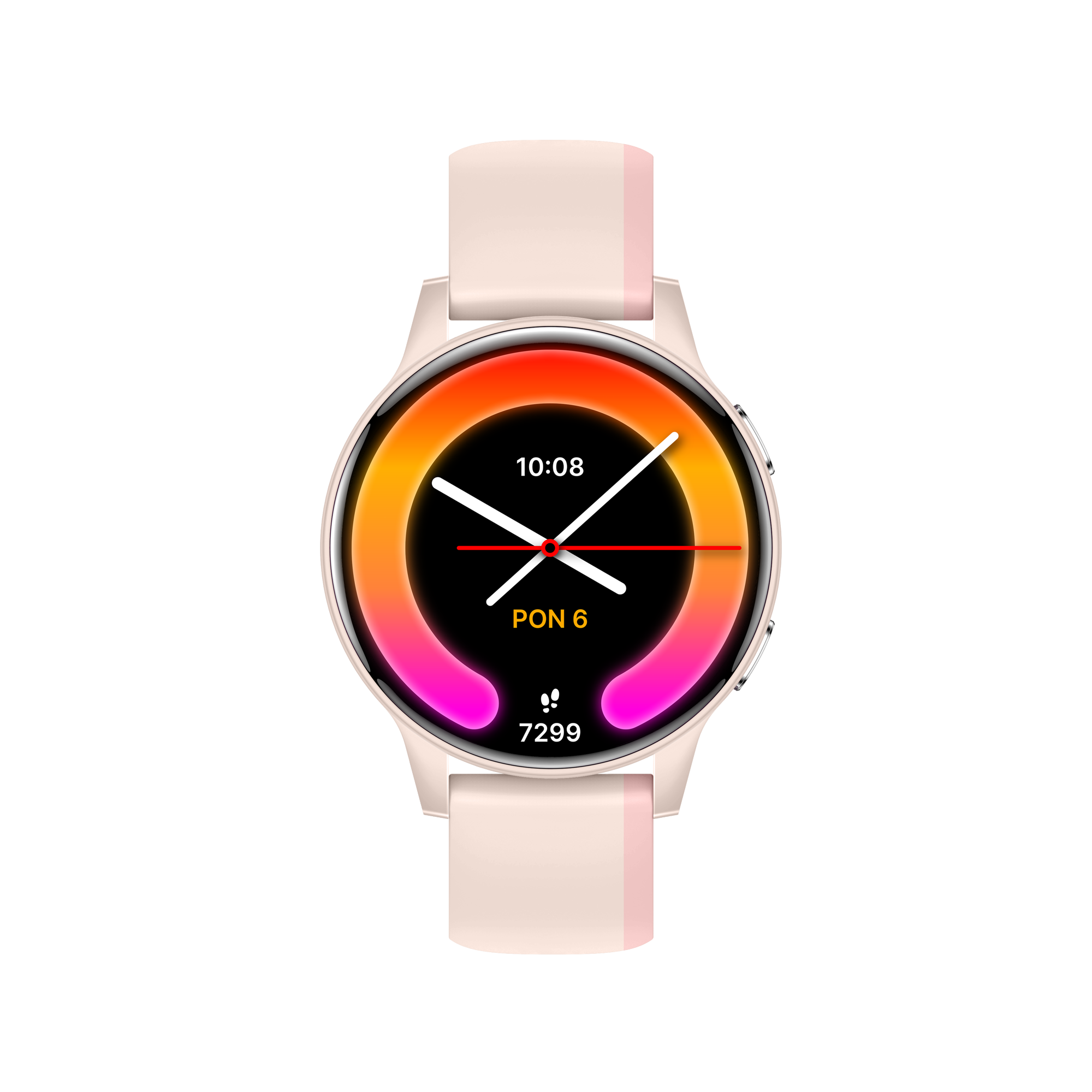Smartwatch z różowym paskiem. Tarcza wyświetla czas, kroki i kolorowy gradient.