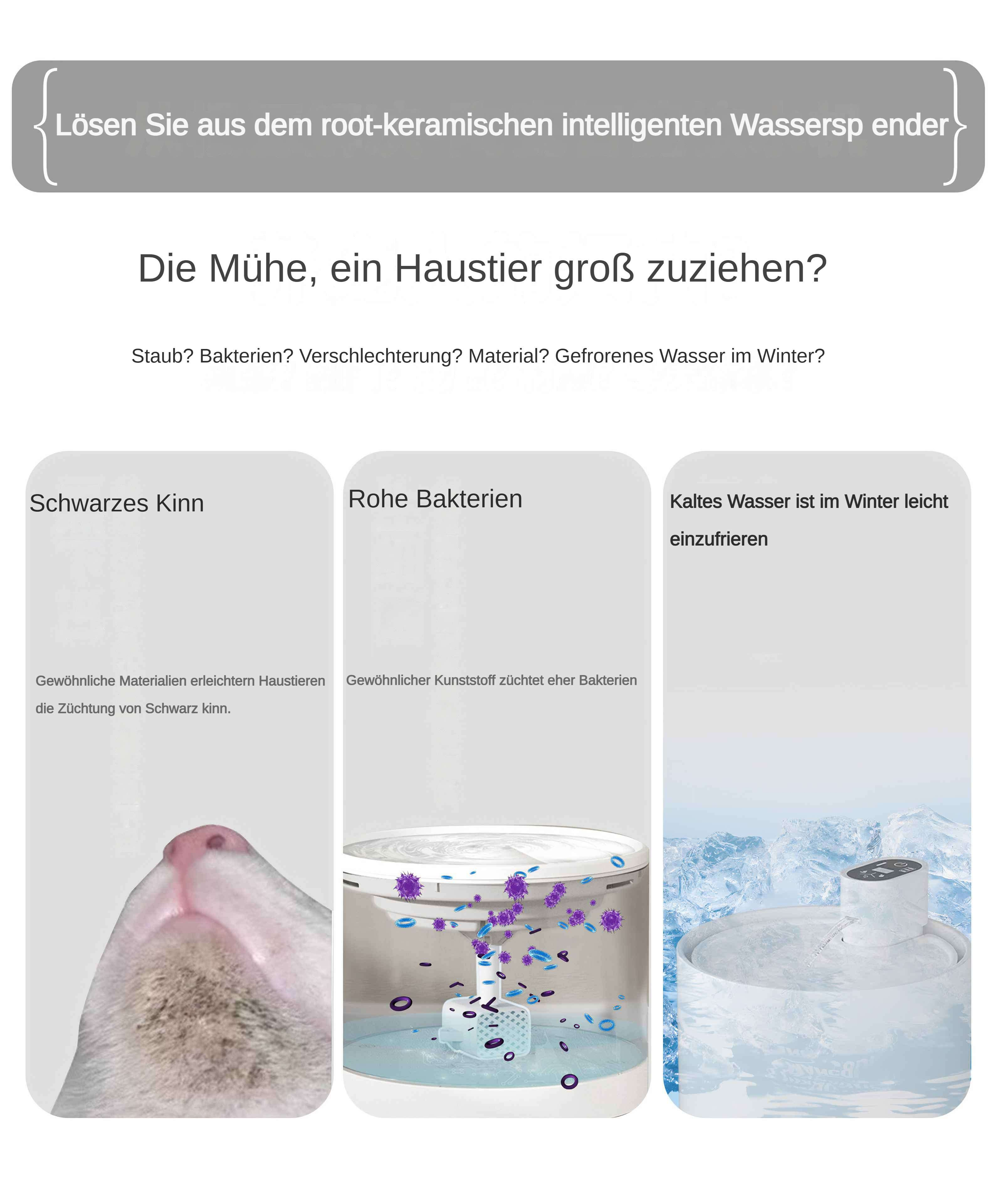 Eine Werbung zeigt das Kinn einer Katze, einen Wasserreiniger mit Bakterien und einen Eisblock. Text auf Deutsch ist vorhanden.