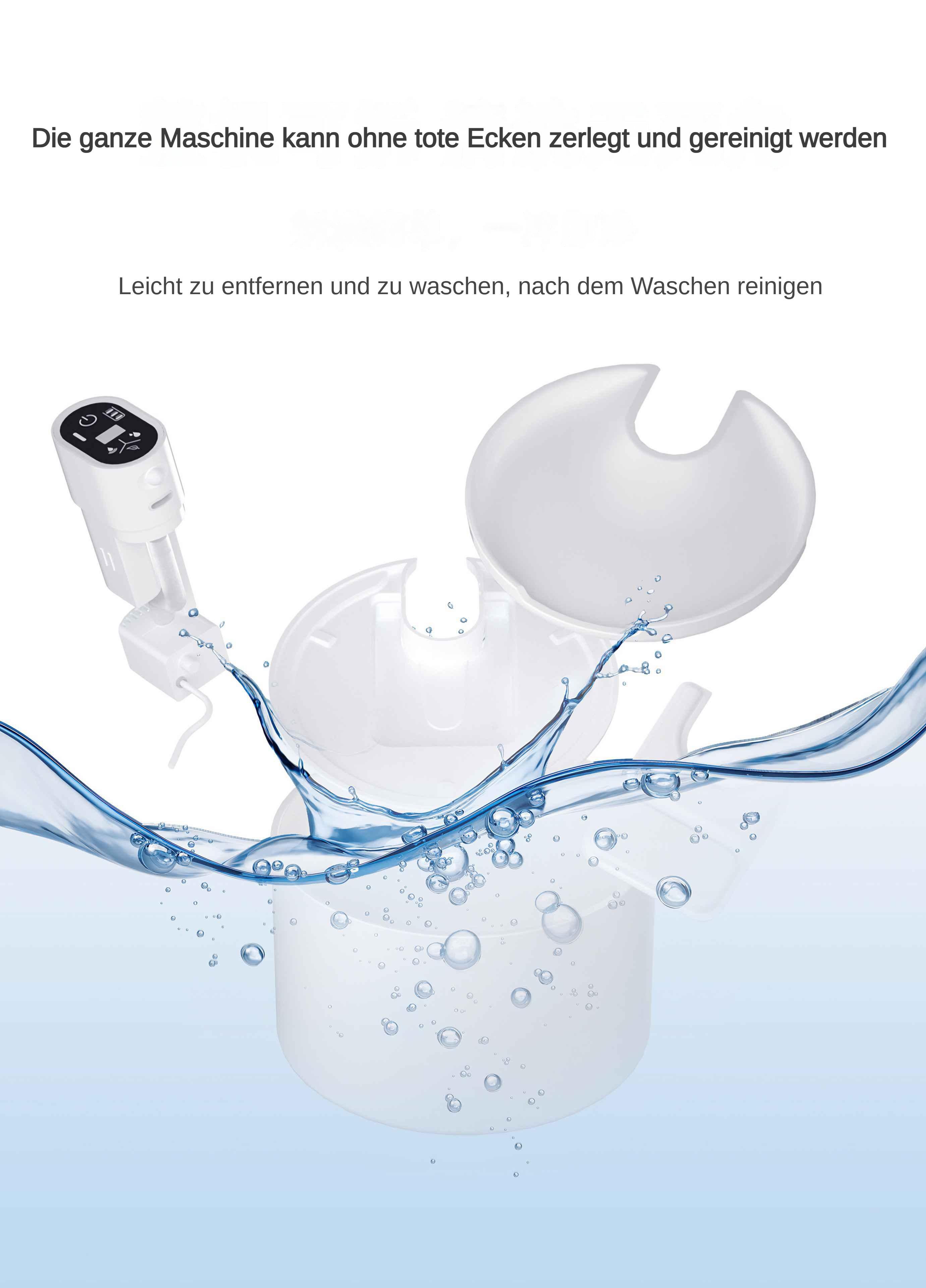 Weiße Maschinenteile mit Wasserspritzern. Ein weißes Gerät mit Bildschirm und zwei runde Komponenten sind sichtbar.