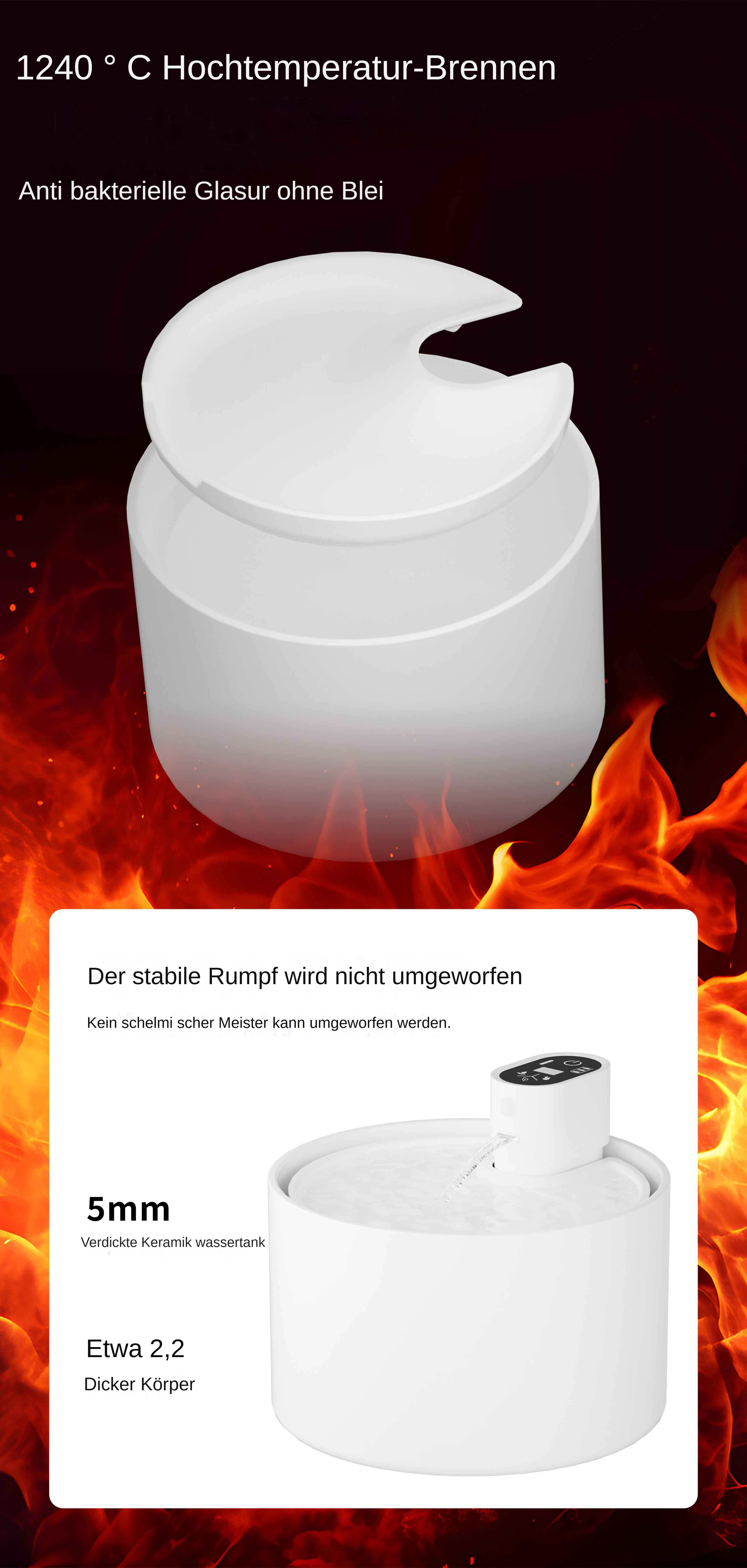 Weißer Keramik-Wasserspender mit gewölbter Oberseite, auf feurigem Hintergrund. Text erwähnt Hochtemperaturbrand und antibakterielle Glasur.
