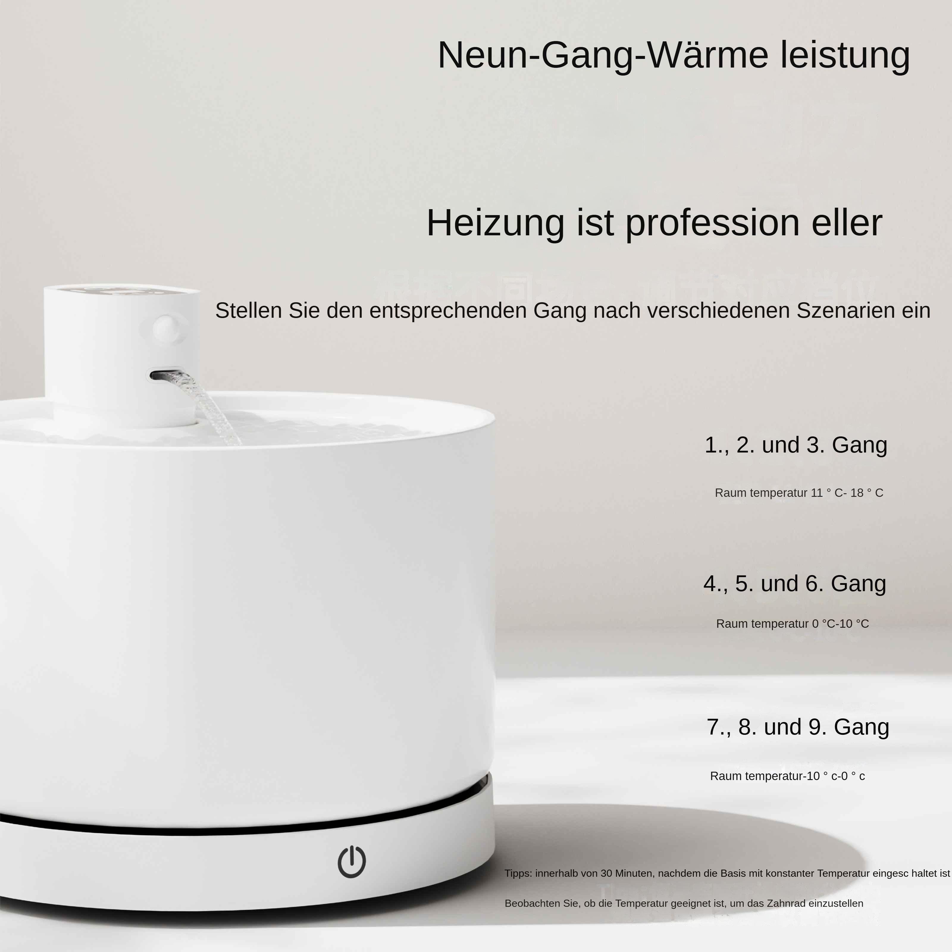Ein weißes Gerät mit Wasser, das in eine Schüssel fließt. Text beschreibt Temperatureinstellungen, wie 11-18°C.