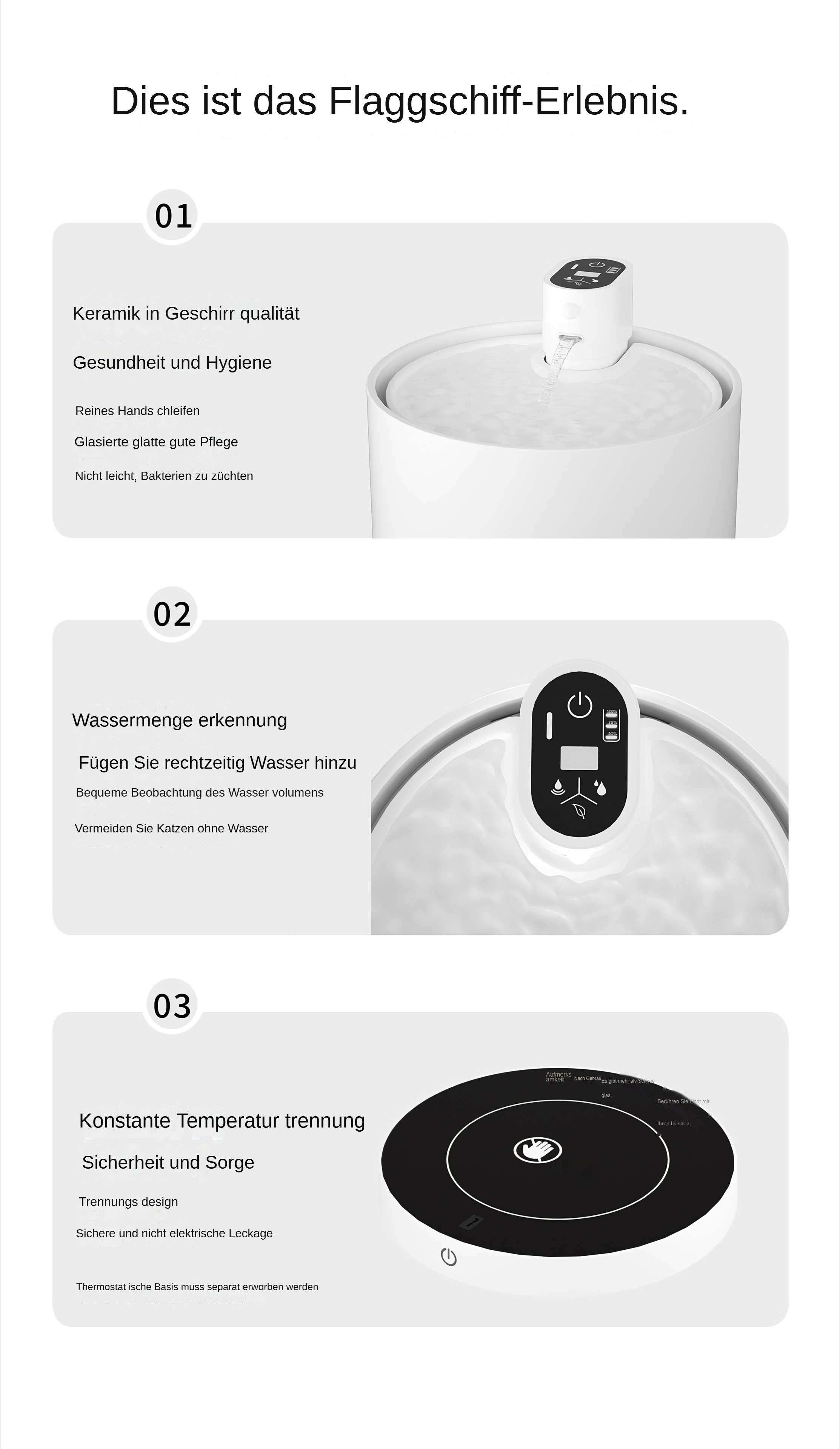 Weißer Haustier-Wasserbrunnen mit drei Abschnitten, einem Digitaldisplay und einer schwarzen Basis mit Temperaturregelung.