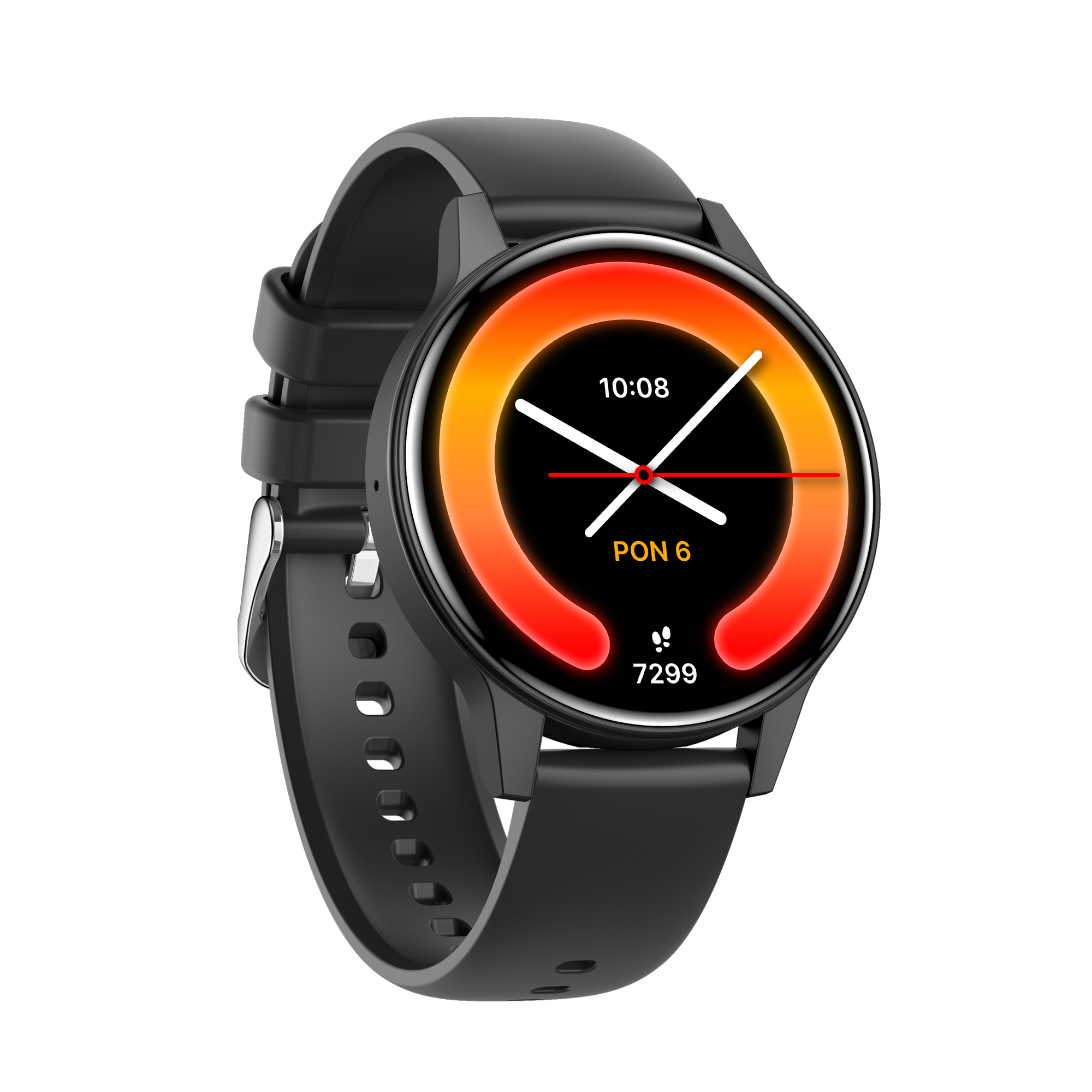 Czarny smartwatch z okrągłym ekranem, wyświetlający czas i statystyki. Ekran ma gradient czerwono-pomarańczowy.