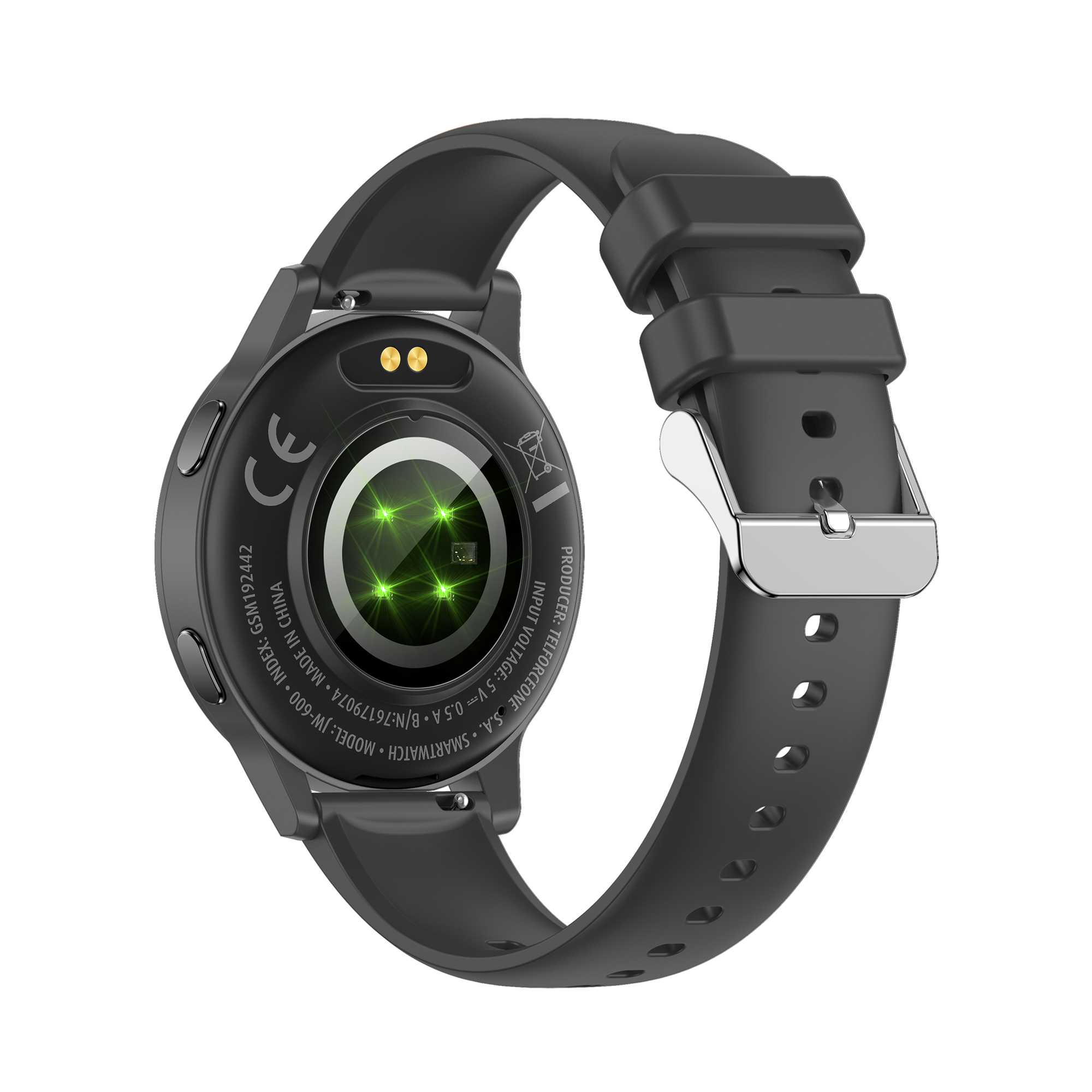 Czarny smartwatch, widok z tyłu. Posiada okrągłą tarczę z czujnikiem, przymocowaną do czarnego paska z klamrą. Widoczne szczegóły.