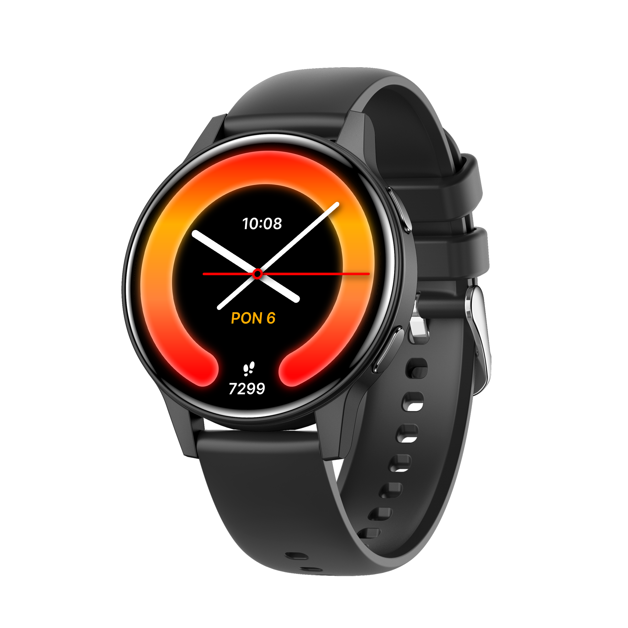 Czarny smartwatch wyświetla 10:08, PON 6 i 7299. Zegarek ma czarny pasek i ekran z gradientem czerwieni i pomarańczy.