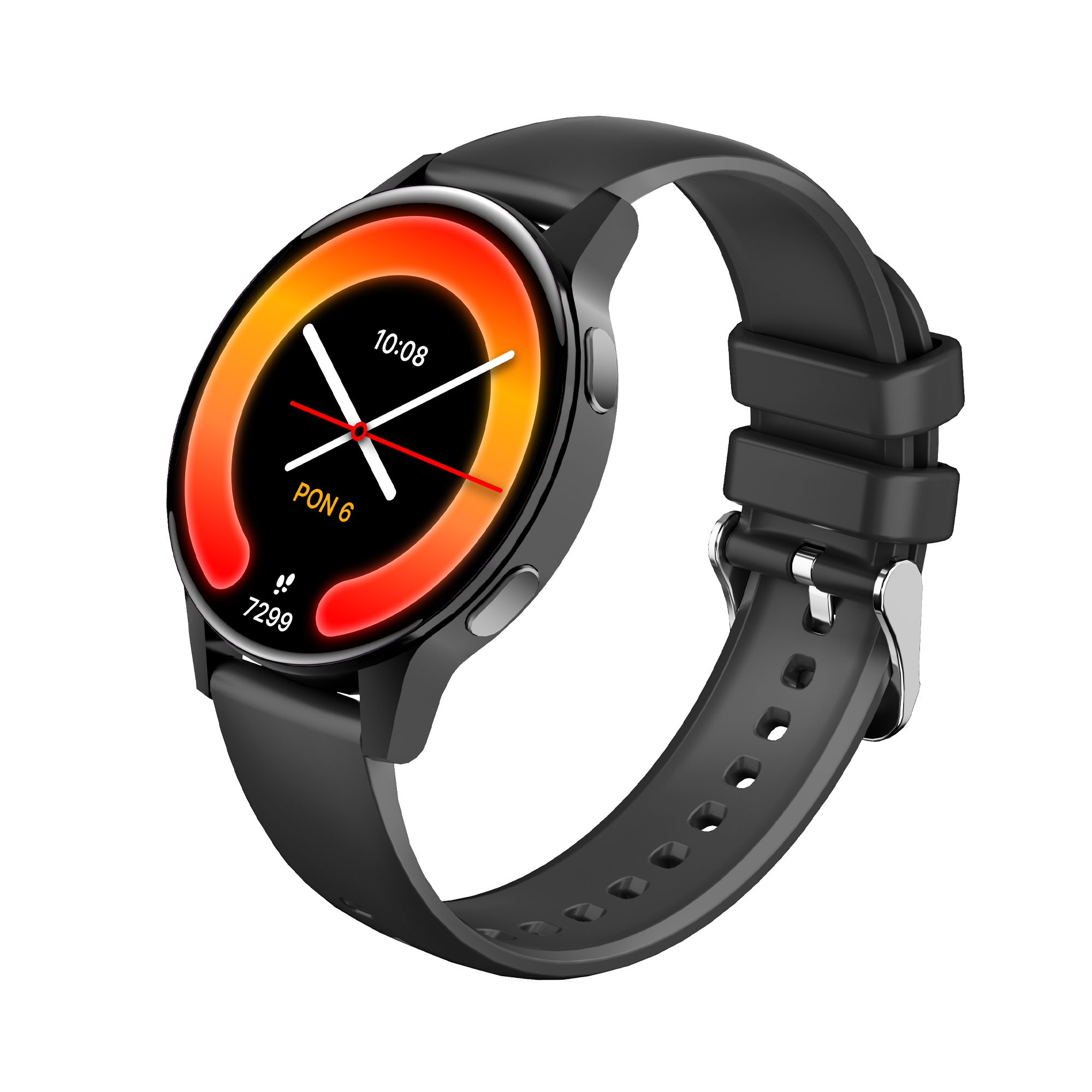 Czarny smartwatch z okrągłym ekranem wyświetlającym czas i dane zdrowotne. Pasek jest czarny, tło białe.