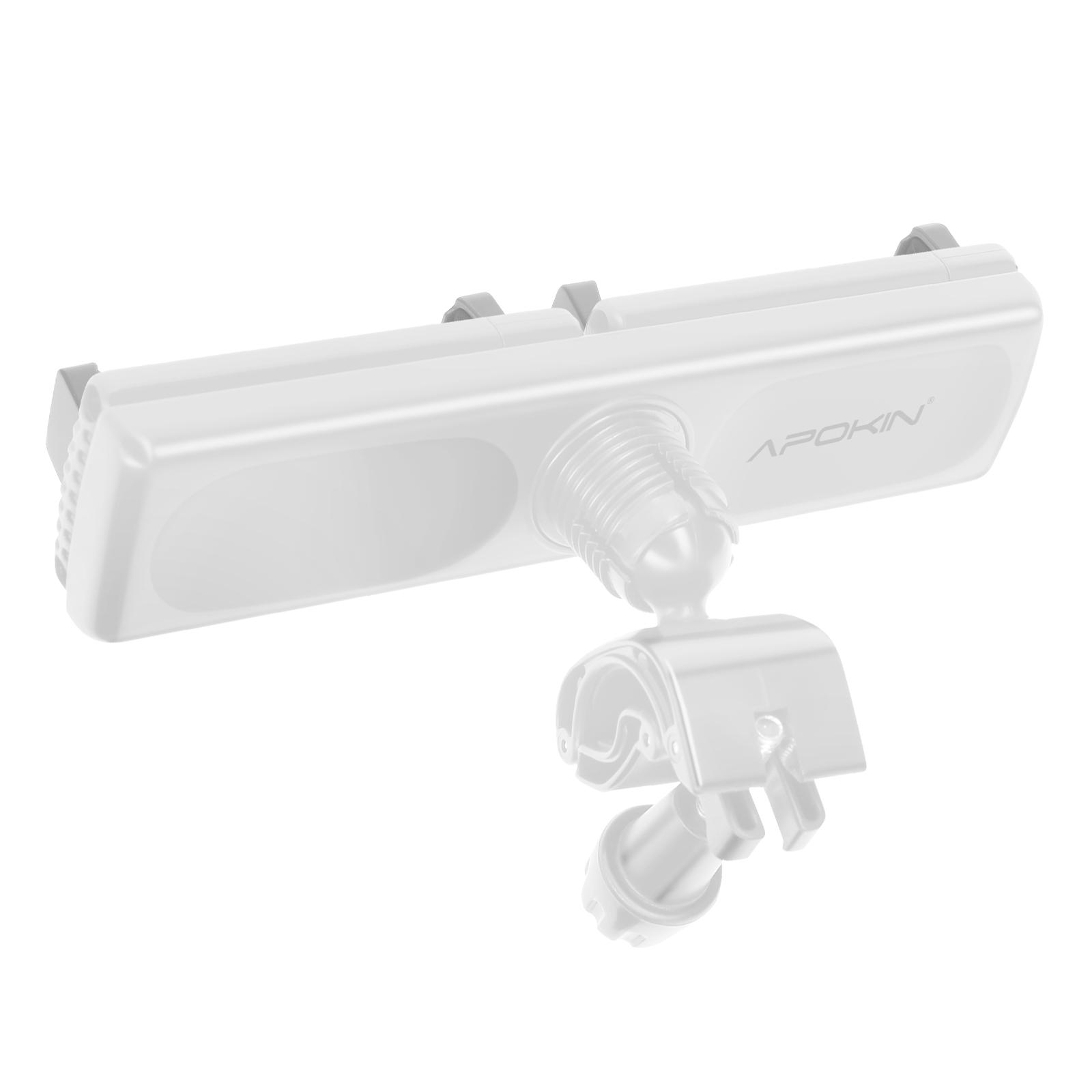 Un accessorio per auto in plastica bianca, forse un supporto per telefono, su sfondo bianco. C'è la scritta 'APOKIN'.