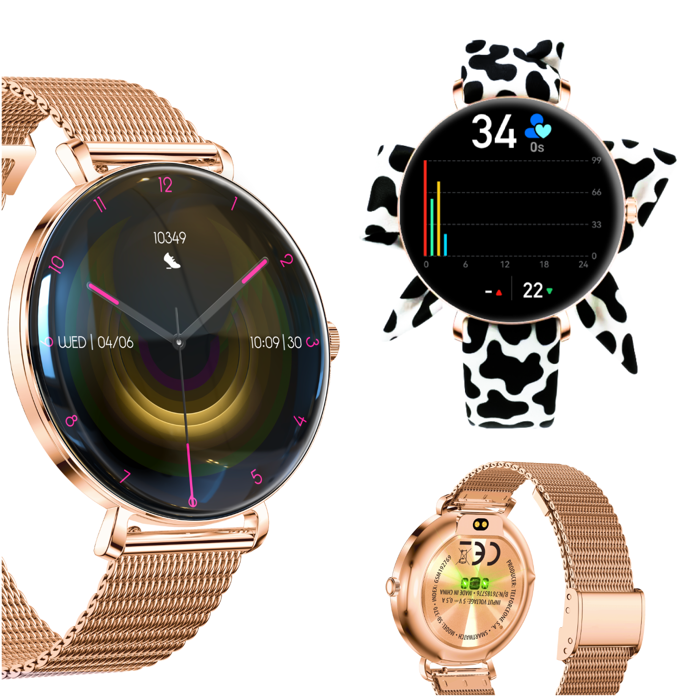 Trzy smartwatche: jeden ze złotym paskiem, jeden z paskiem w krowie łaty i jeden z widocznym tyłem.