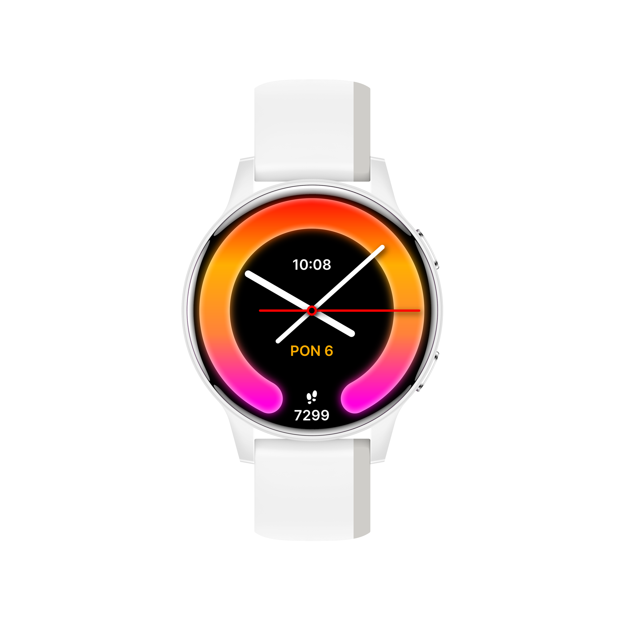 Biały smartwatch wyświetla godzinę 10:08. Tarcza zegarka ma gradient pomarańczowego, żółtego i różowego. Pasek jest biały.