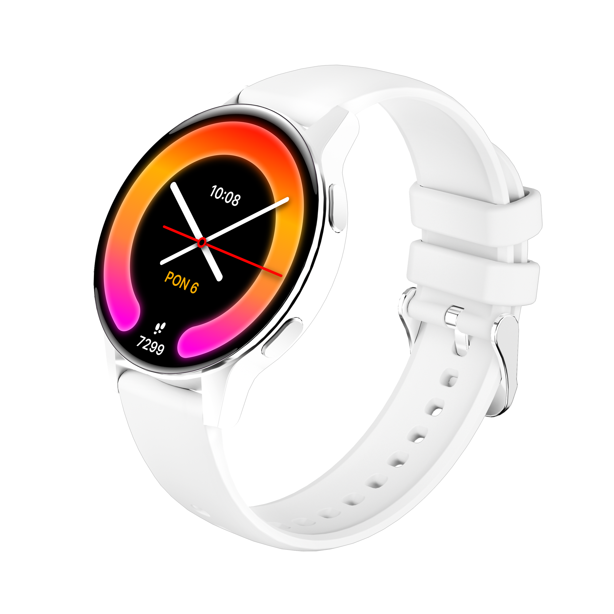 Biały smartwatch z okrągłą tarczą. Wyświetlacz pokazuje czas, kroki i kolorowy gradient.