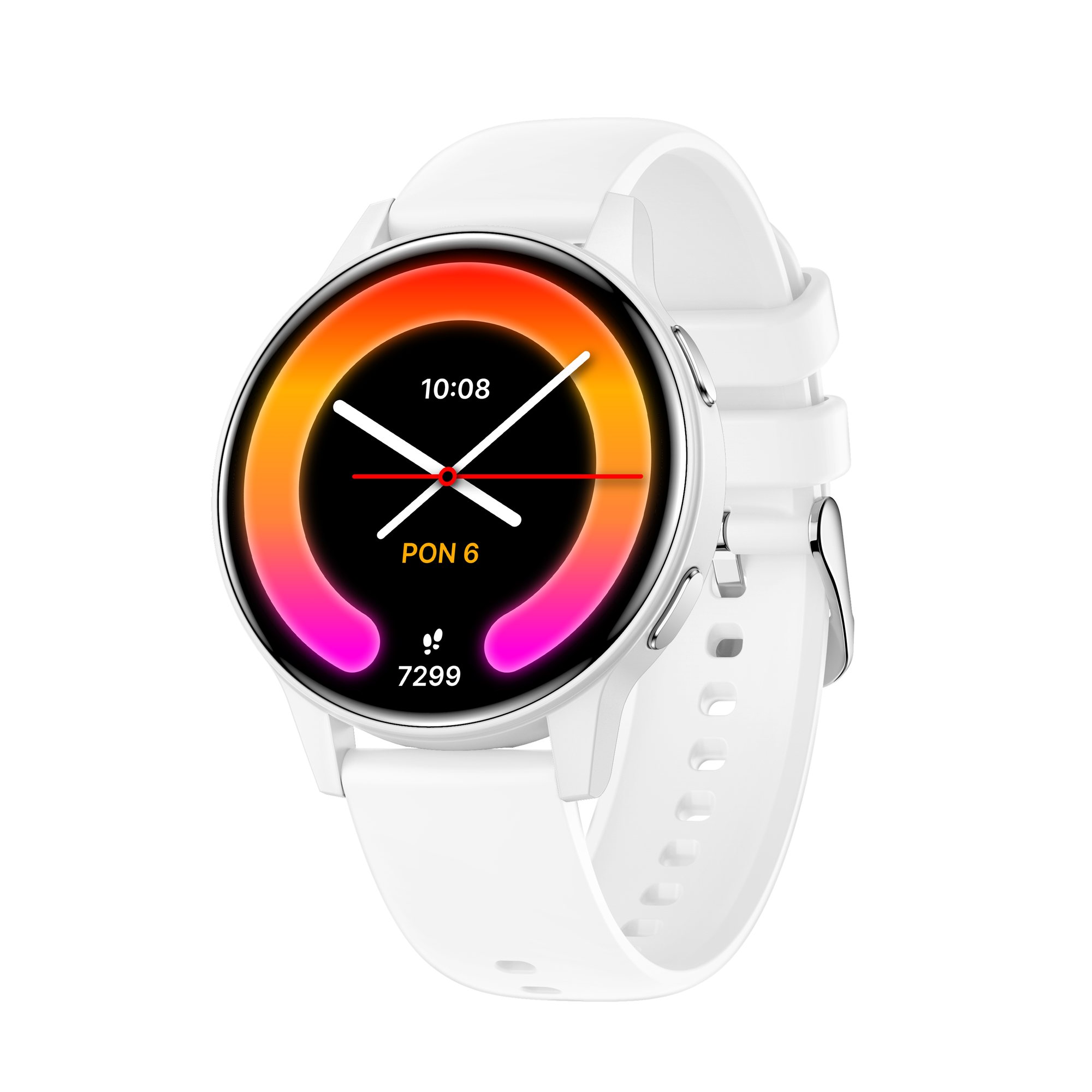 Biały smartwatch z kolorowym wyświetlaczem, pokazującym czas i dane fitness. Pasek jest biały, a tło proste.