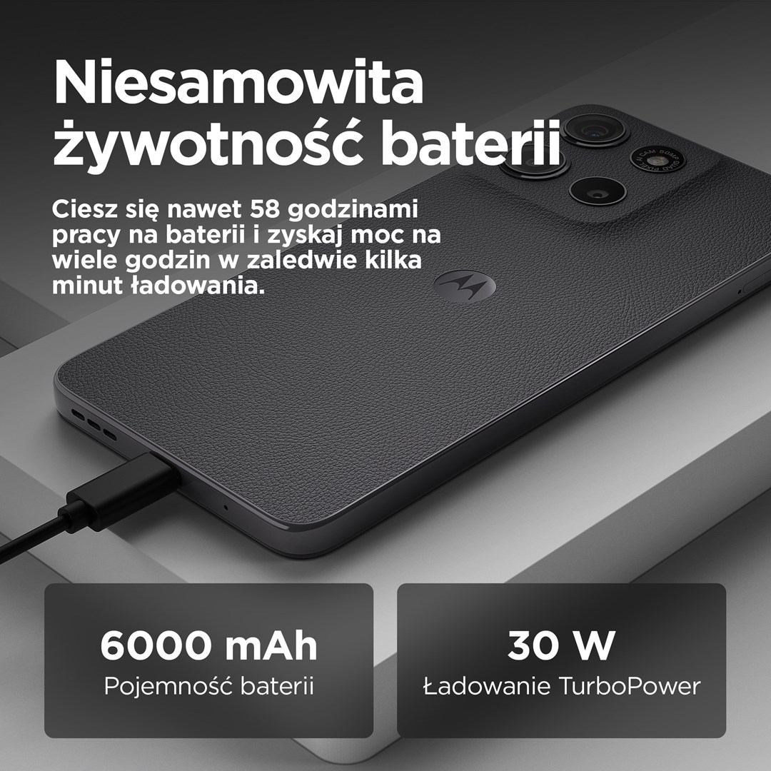 Zwarte smartphone met oplaadkabel. Benadrukt batterijduur, 6000 mAh capaciteit en 30W TurboPower opladen.