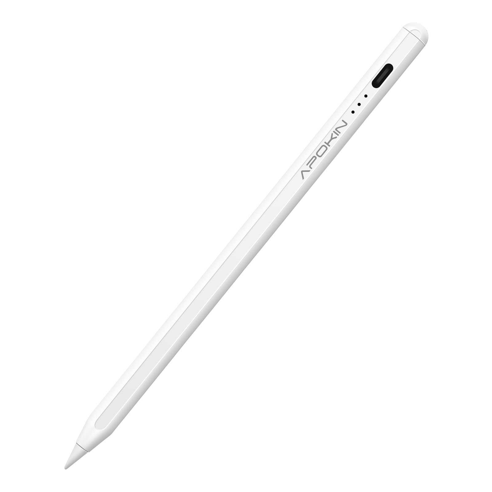 Una penna stilo bianca con il marchio 'APOKIN' stampato sopra. Ha un pulsante nero ed è isolata su sfondo bianco.