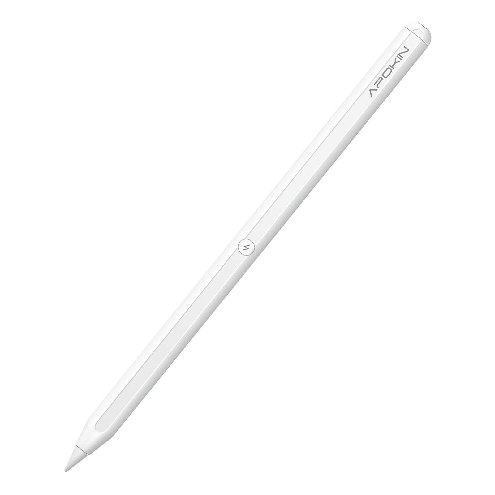 Una penna stilo bianca con il marchio 'APOKIN' su sfondo bianco. Ha un pulsante al centro.