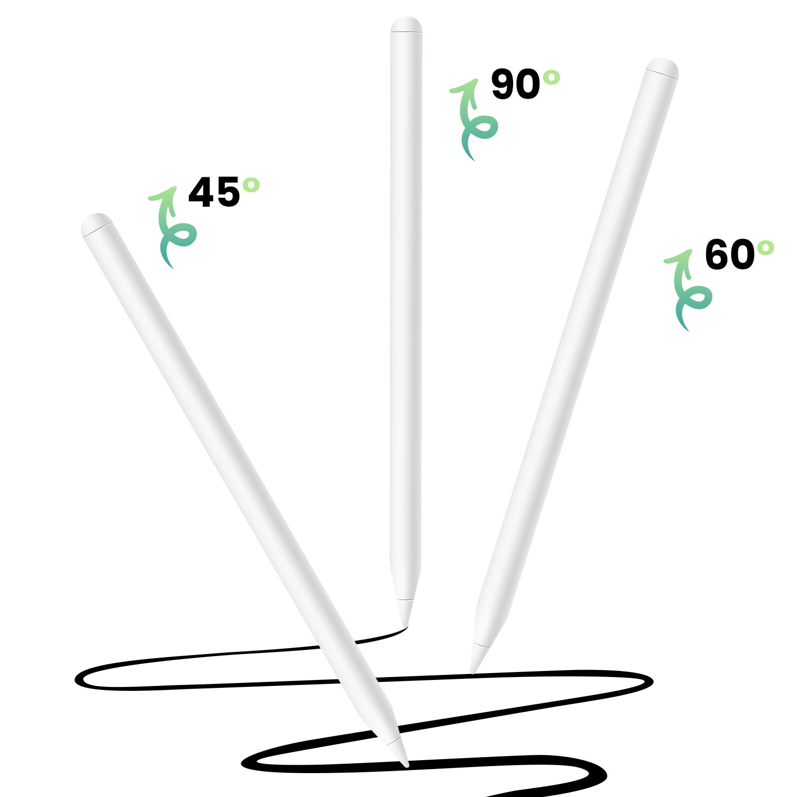 Stilo bianco a 45, 60 e 90 gradi. Linea nera disegnata. Indicatori angolari verdi. Sfondo bianco.