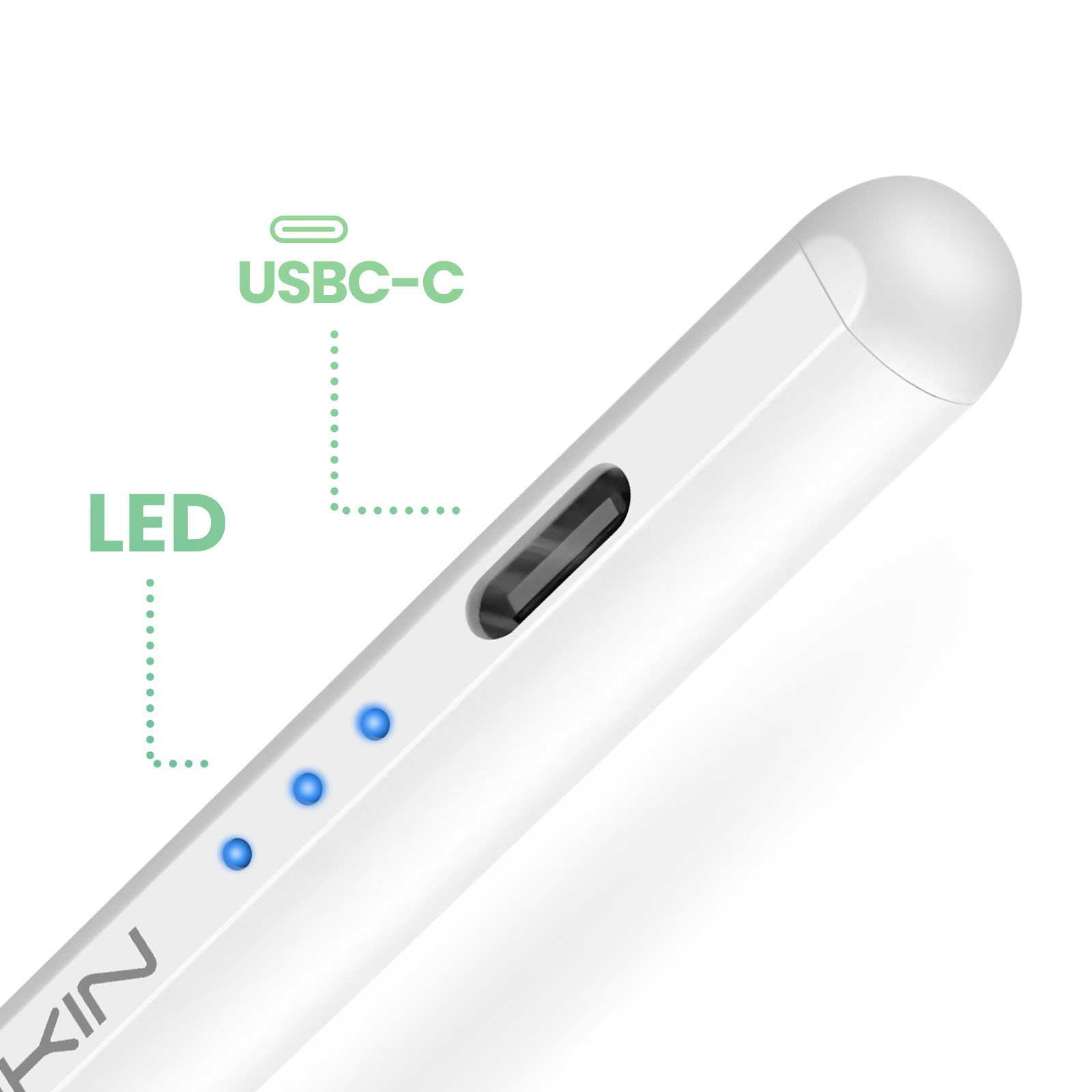 Stilo bianco con LED blu e porta USB-C. Le etichette di testo includono 'LED' e 'USBC-C'.