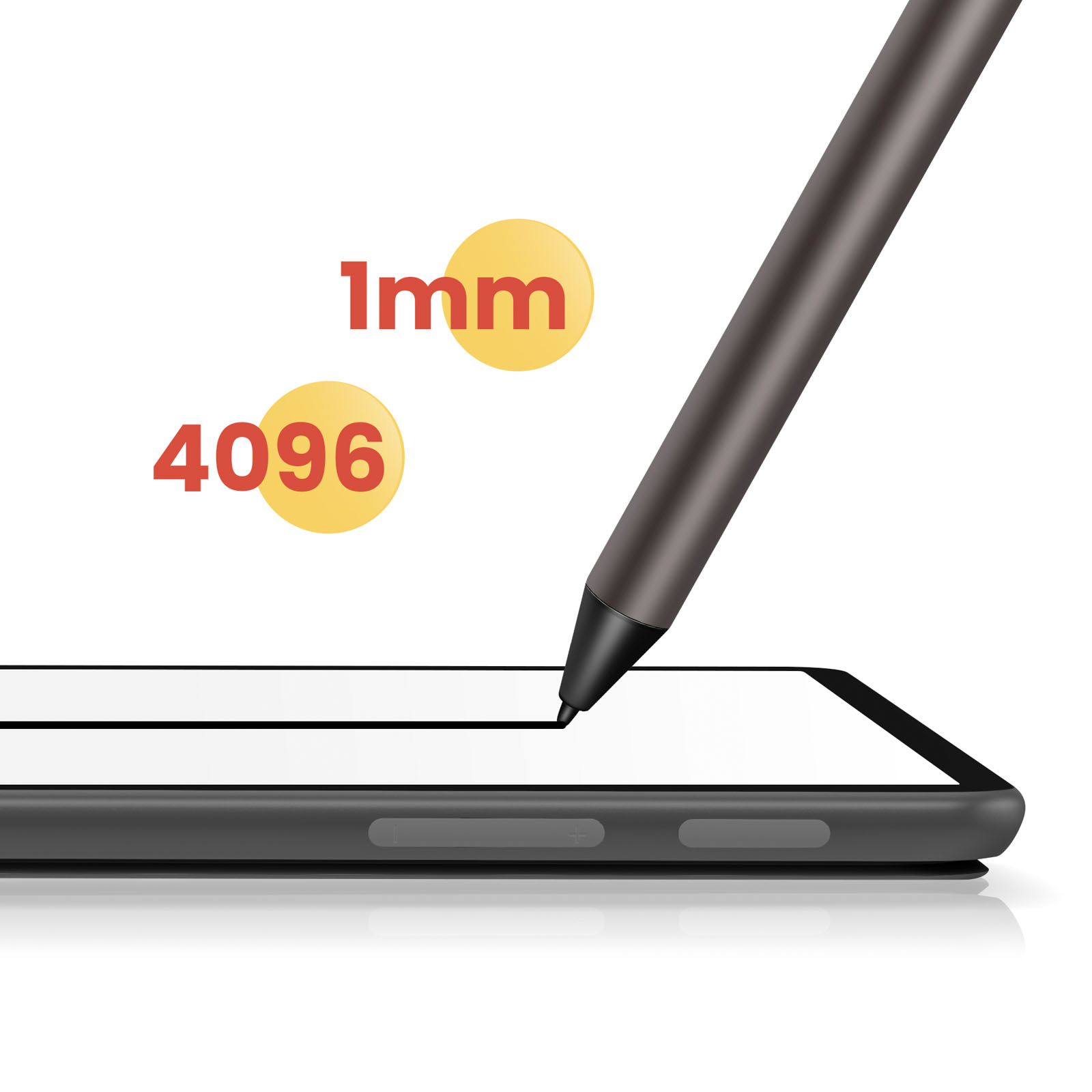 Una penna tocca lo schermo di un tablet. Il testo recita '1mm' e '4096'. Il tablet è grigio scuro con schermo bianco.