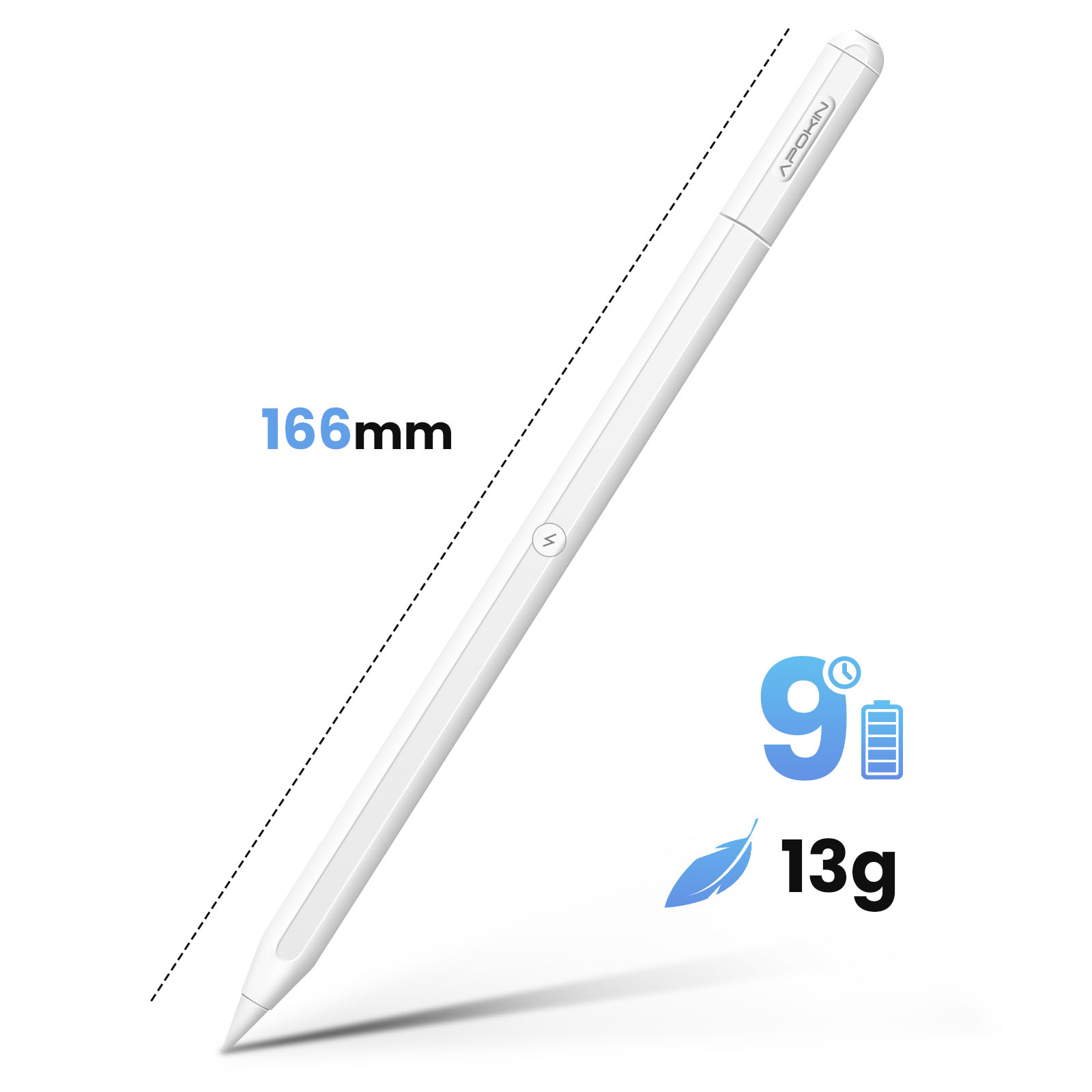 Una penna stilo bianca con logo, una misura di 166 mm e icone che indicano batteria e peso (13 g).