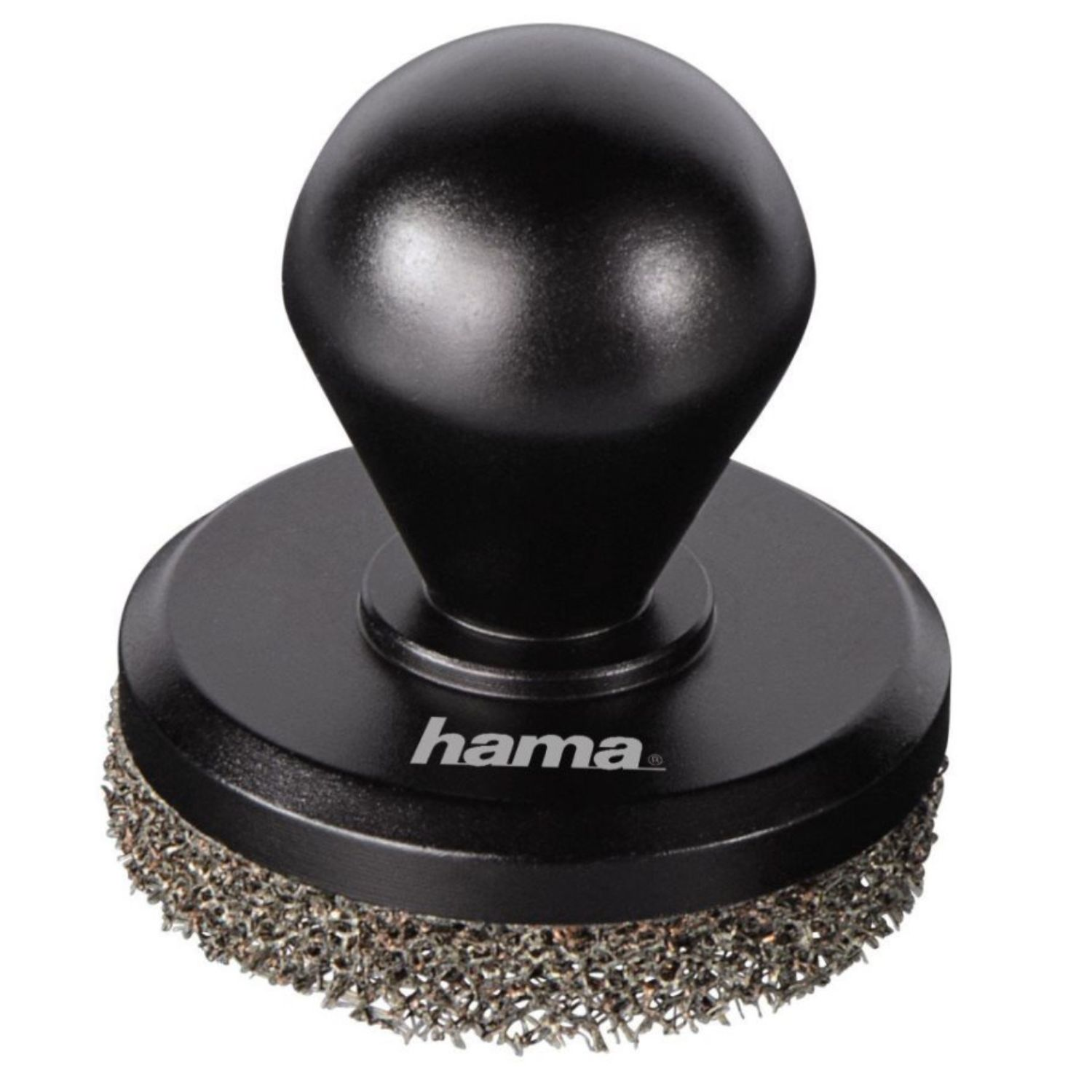 Ein schwarzes Hama-Reinigungspad mit rundem Sockel und kugelförmigem Griff. Die Reinigungsfläche besteht aus Metall.