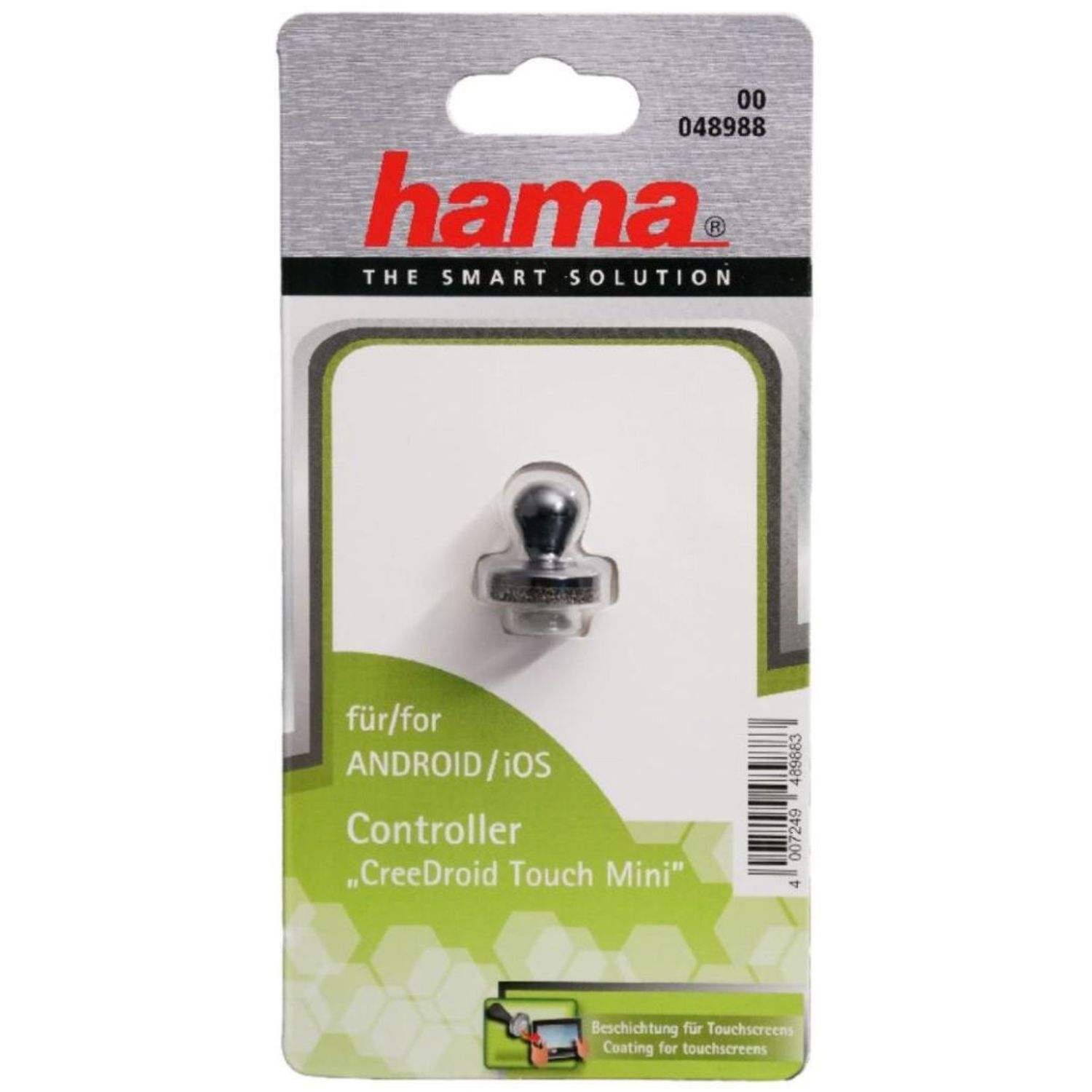 Eine Hama-Verpackung zeigt einen Touchscreen-Controller. Er ist für Android/iOS-Geräte. Die Verpackung ist silber und grün mit Produktdetails.