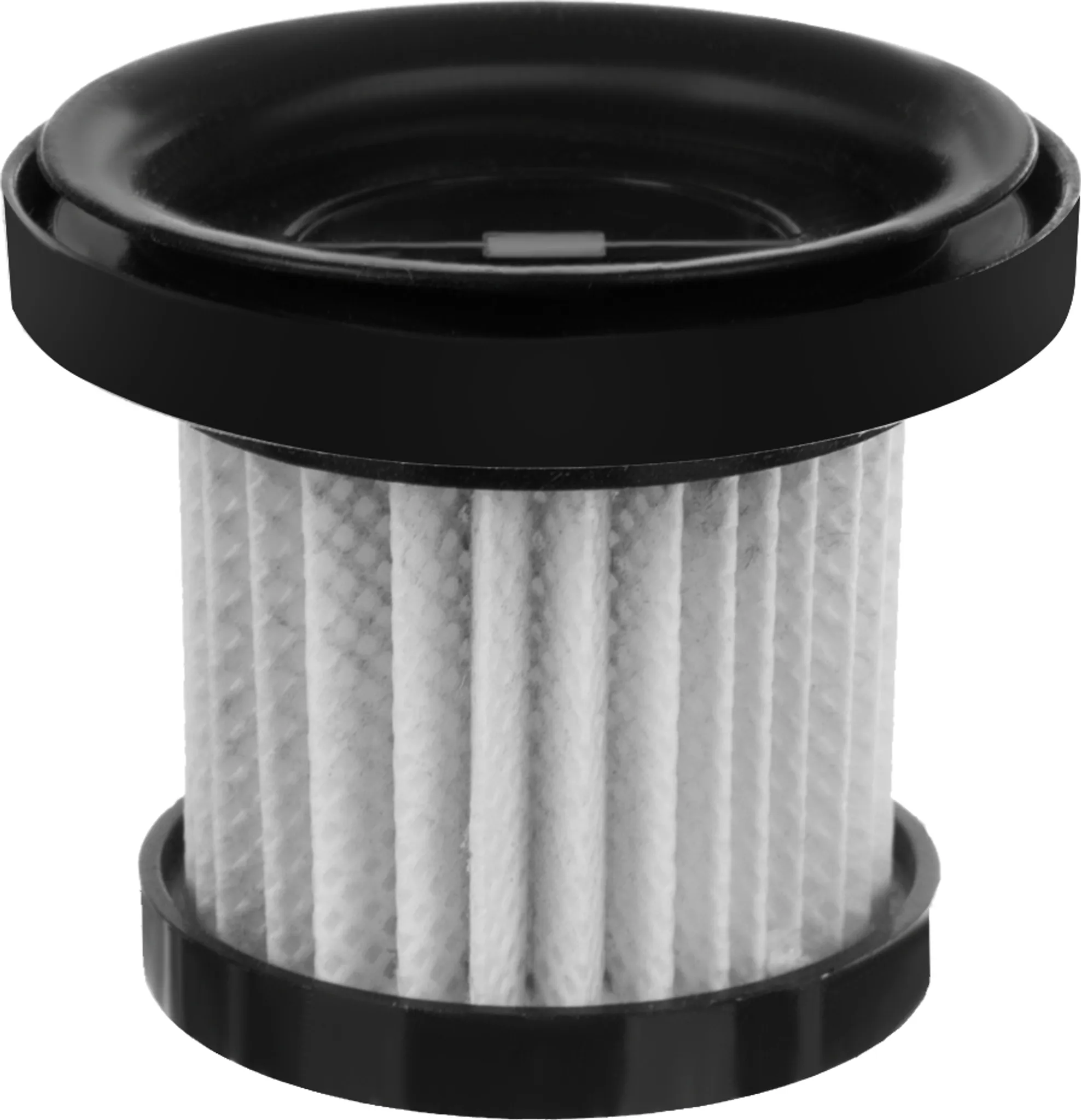 Ein zylindrischer Staubsaugerfilter. Er hat schwarze Kunststoffringe oben und unten. Der Filter ist weißes, gefaltetes Papier.