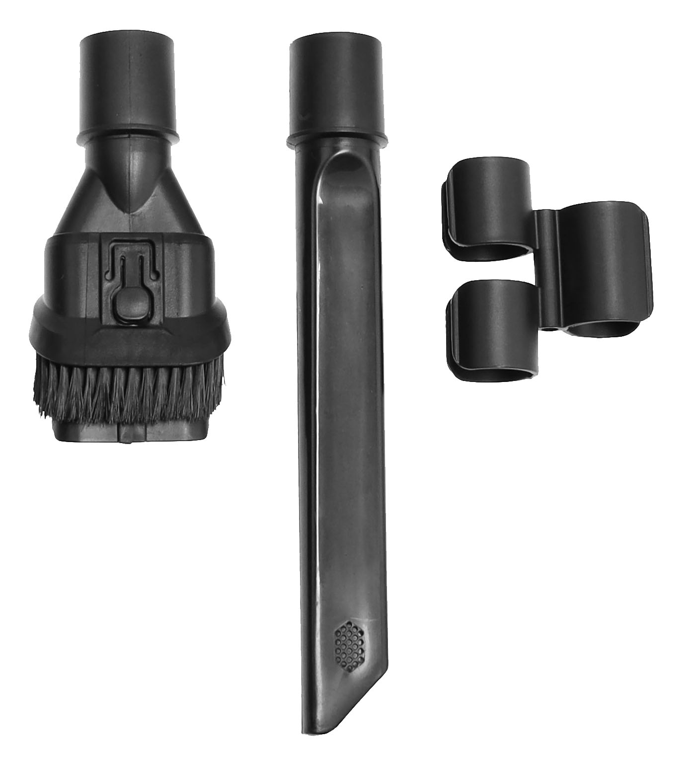 Drei schwarze Staubsaugeraufsätze: ein Bürstenkopf, ein Fugendüse und ein Clip. Alle vor weißem Hintergrund.