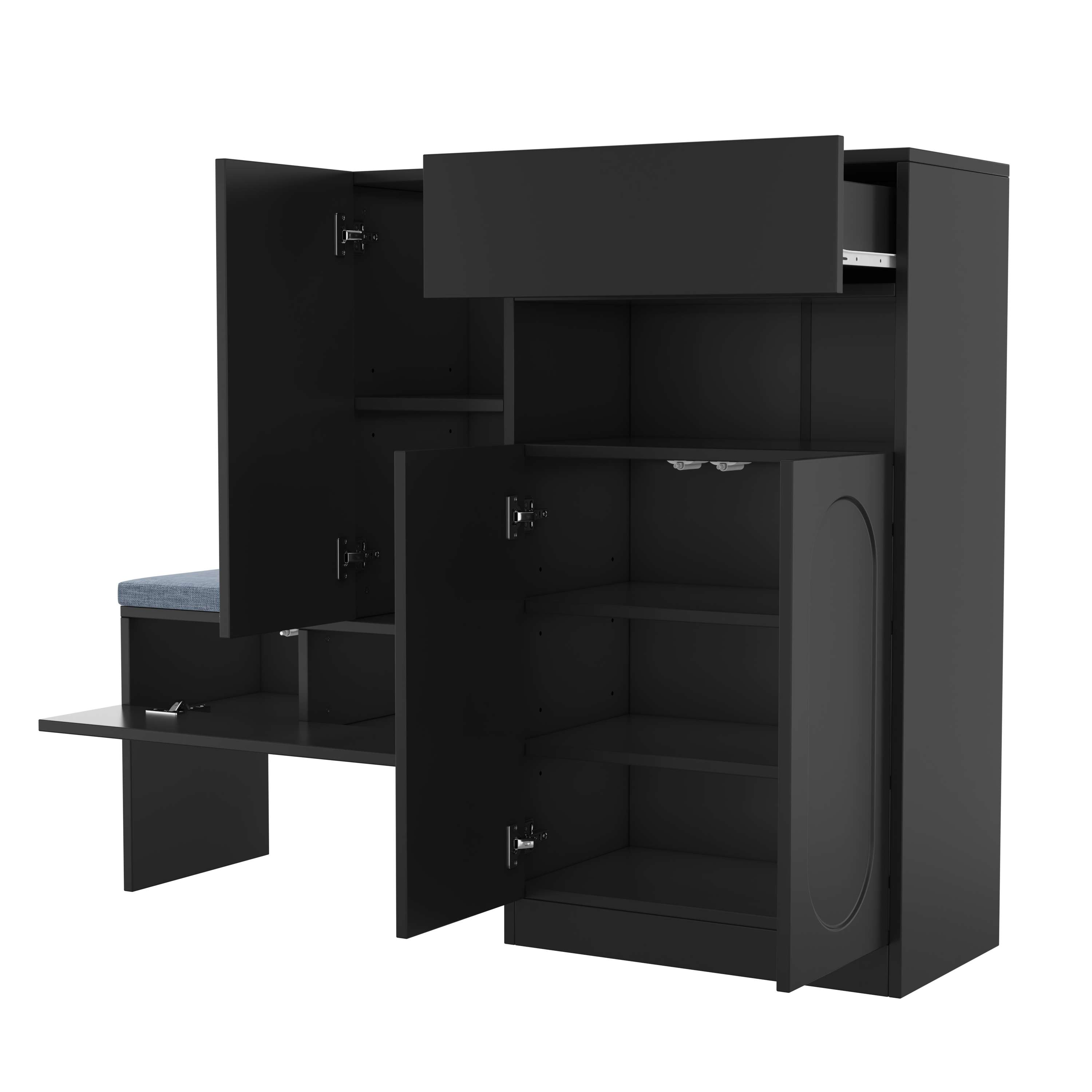 Ein schwarzer Schuhschrank mit offenen Türen und Schubladen, eine Bank mit blauem Kissen. Regale innen.