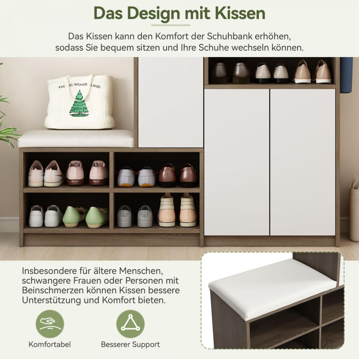 Ein Schuhschrank mit weißem Kissen, Schuhfächern und weißen Schranktüren. Eine Tasche liegt auf dem Kissen.